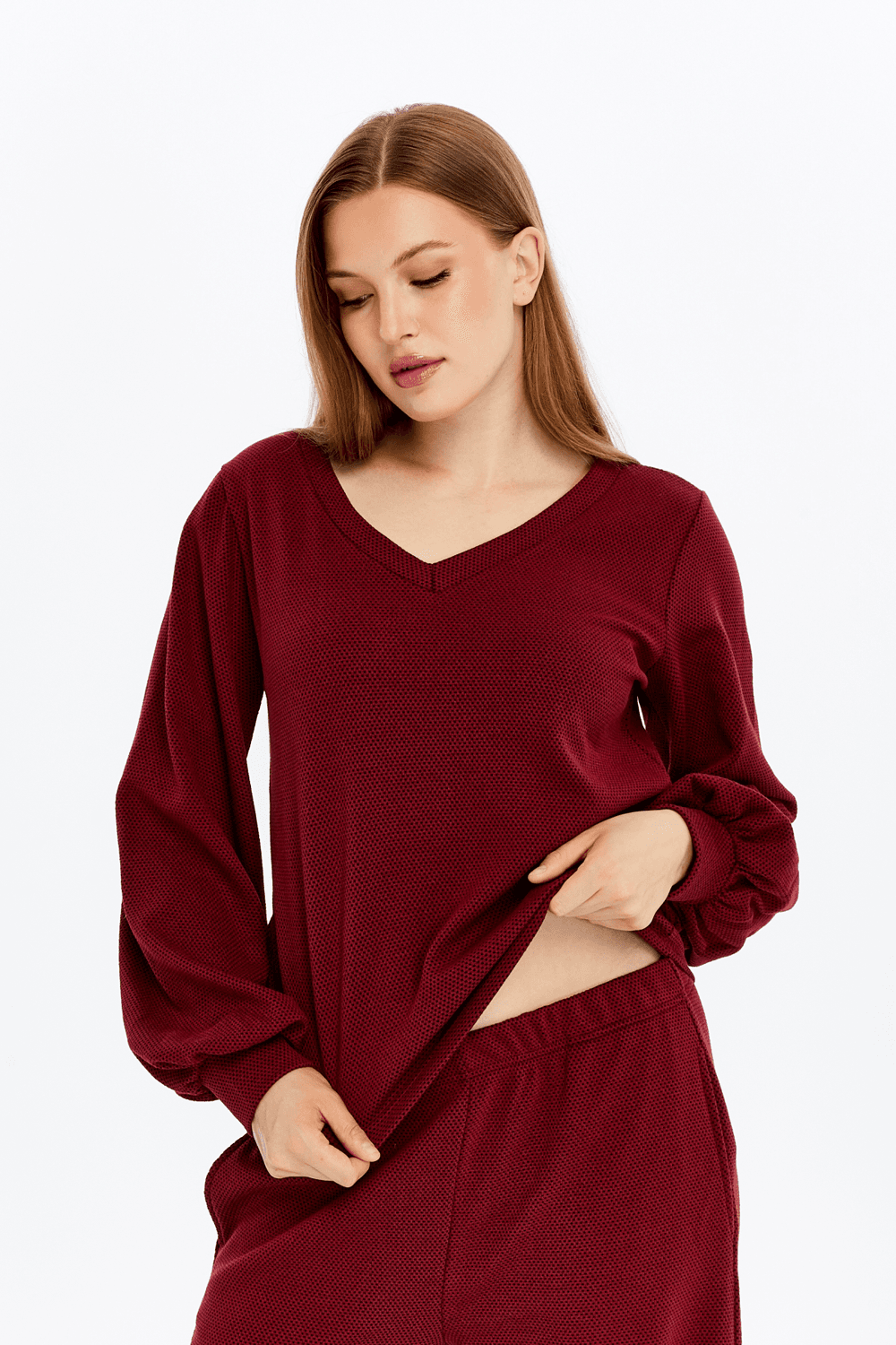 Kadın V Yaka Balon Kol Regular Fit Basic Bluz - BORDO
