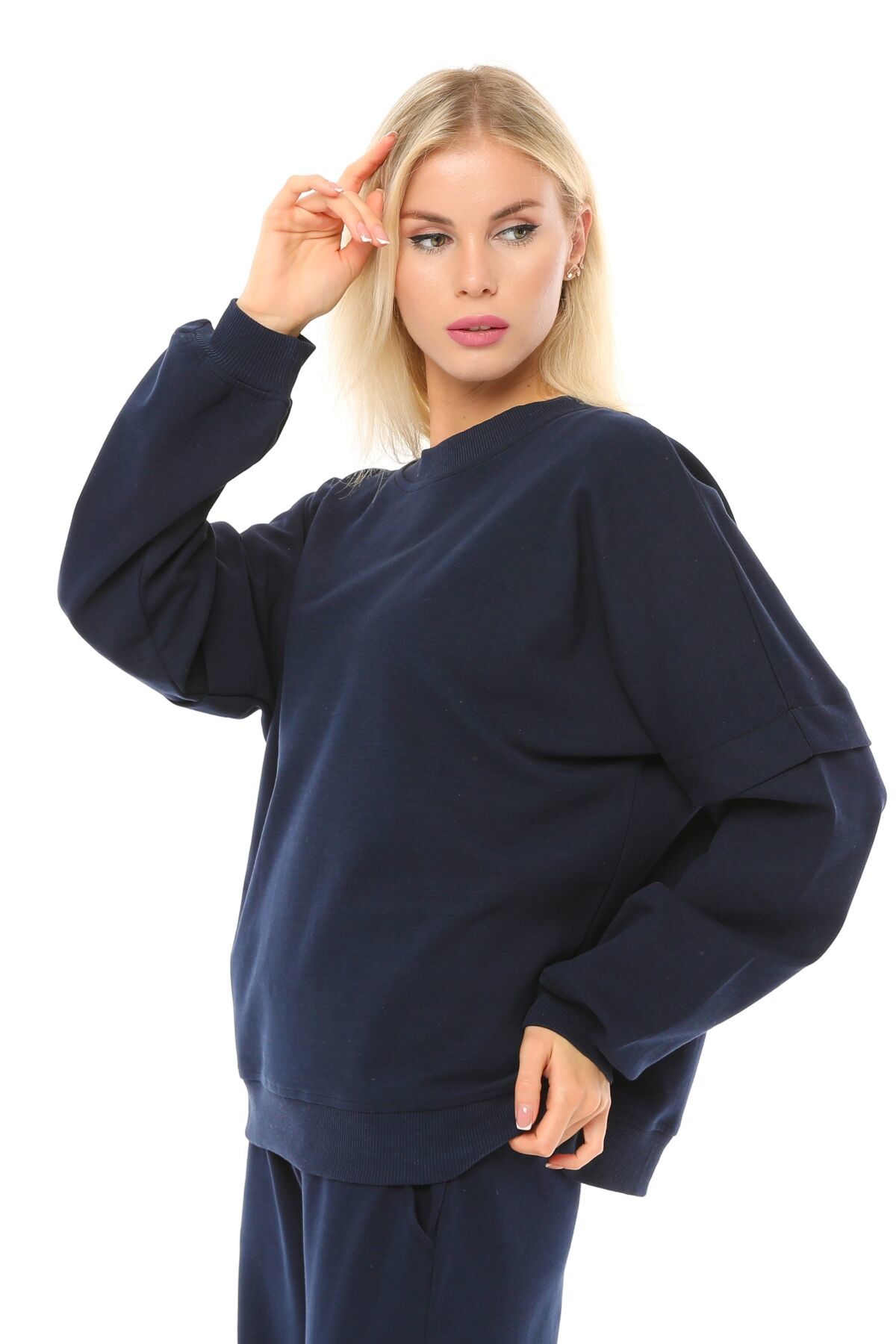 Kadın Bisiklet Yaka Kol Detaylı Oversize Fit Basic Sweatshirt - Lacivert