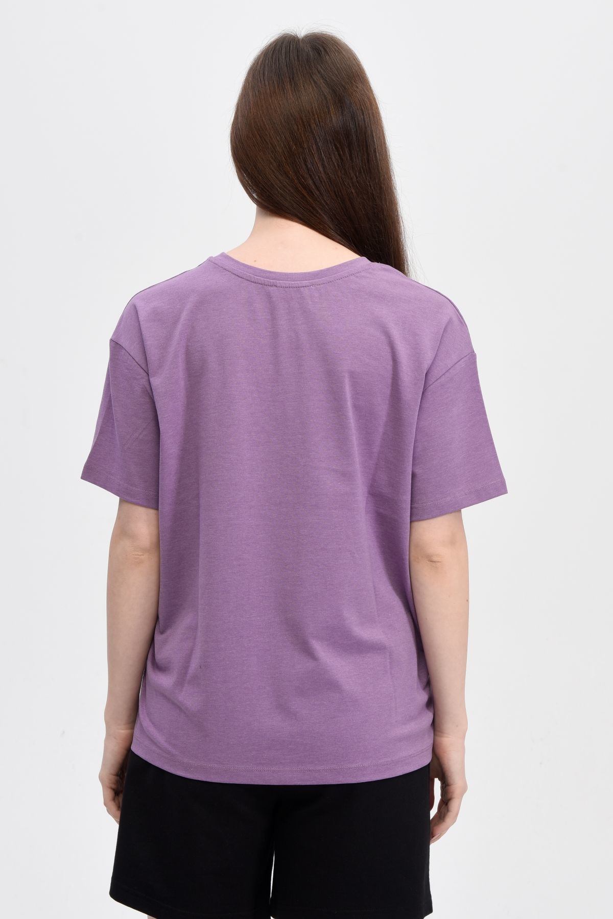 Kadın Bisiklet Yaka Kısa Kollu Regular Fit Baskılı Tişört - MOR