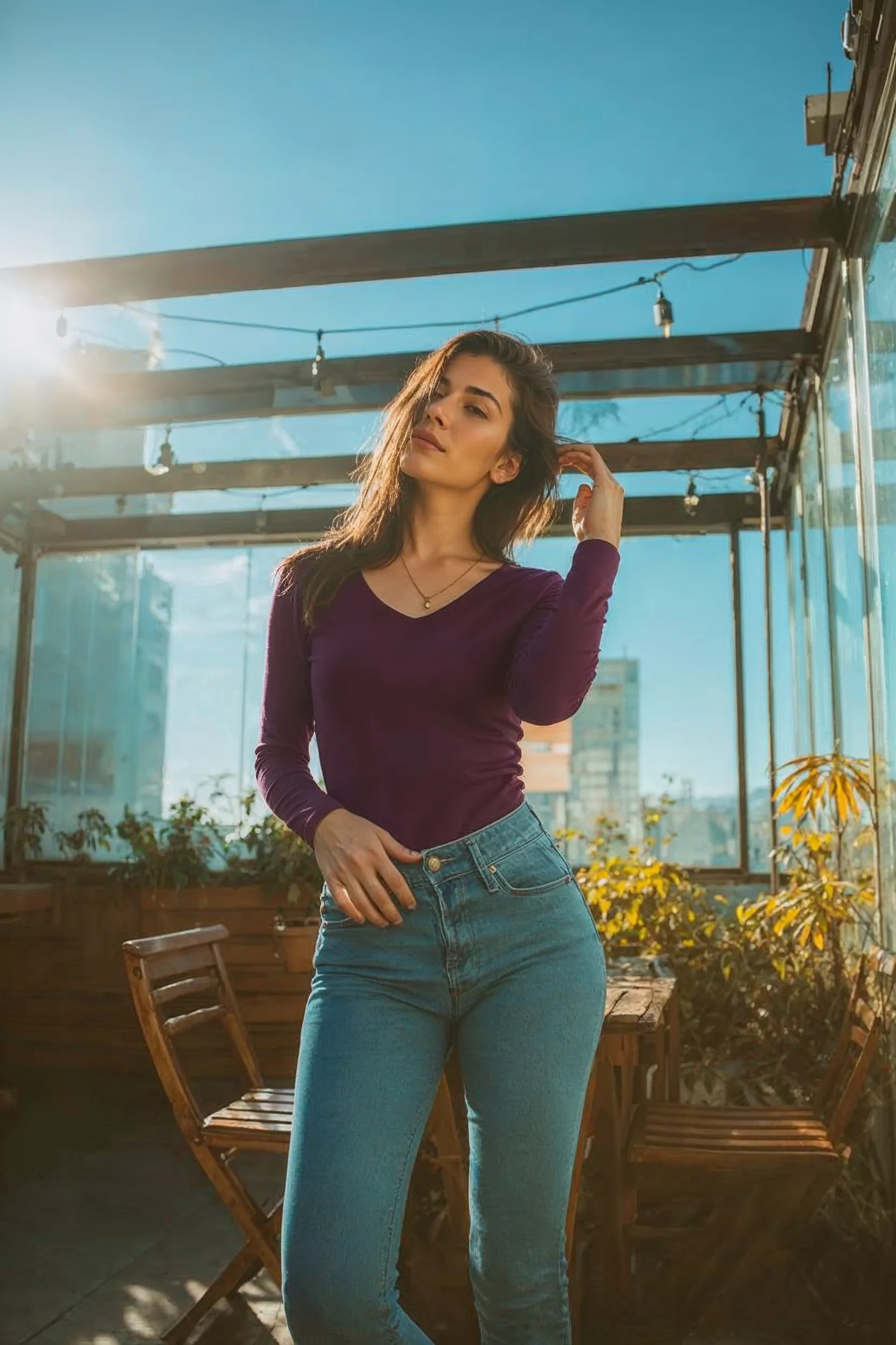 Kadın V Yaka Uzun Kollu Regular Fit Basic Tişört - Bordo