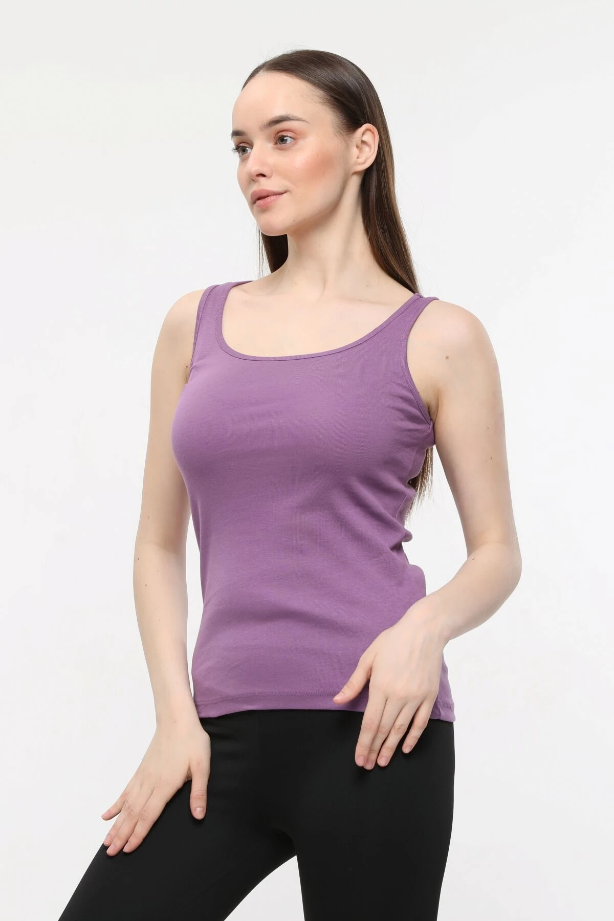 Kadın U Yaka Sıfır Kol Regular Fit Basic Geniş Askılı Tişört - Mor