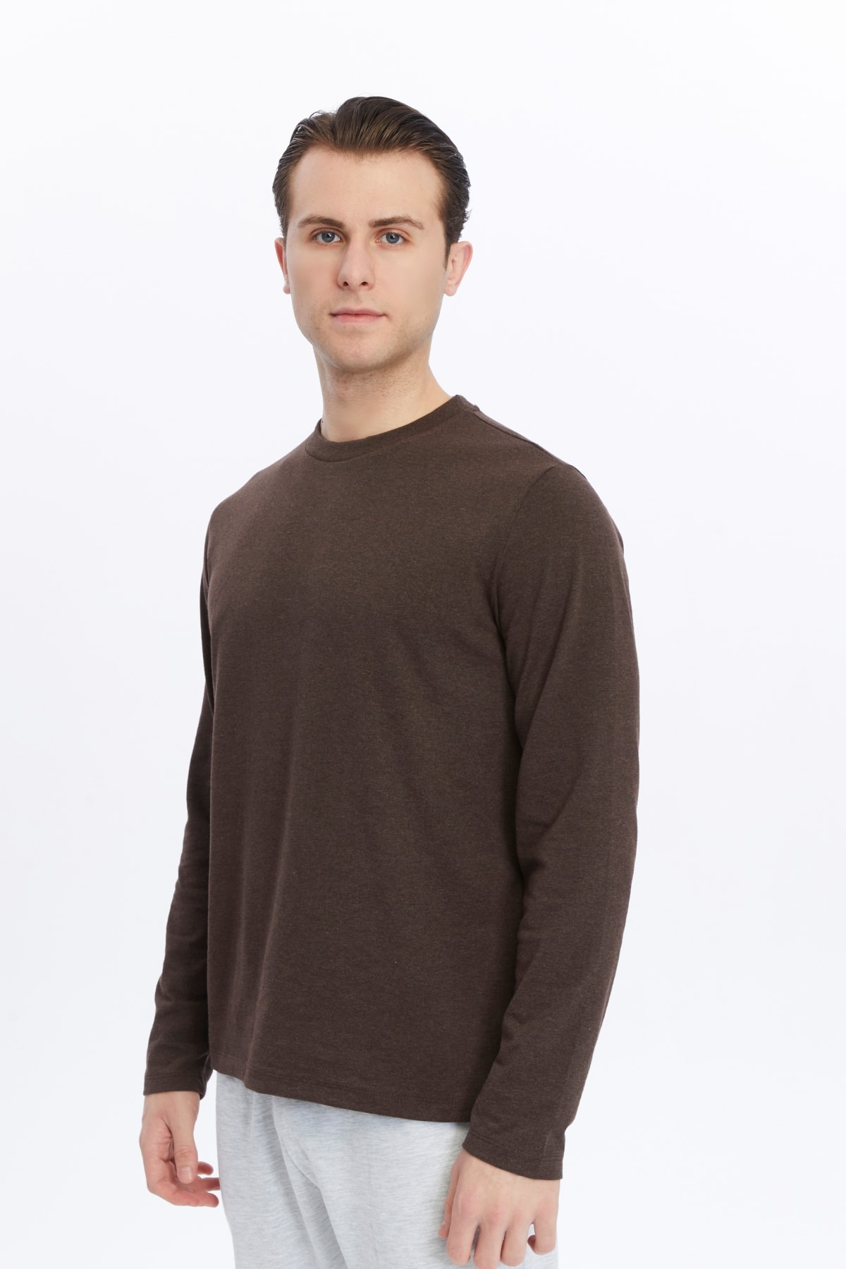 Erkek Bisiklet Yaka Uzun Kollu Regular Fit Basic Tişört - Kahve