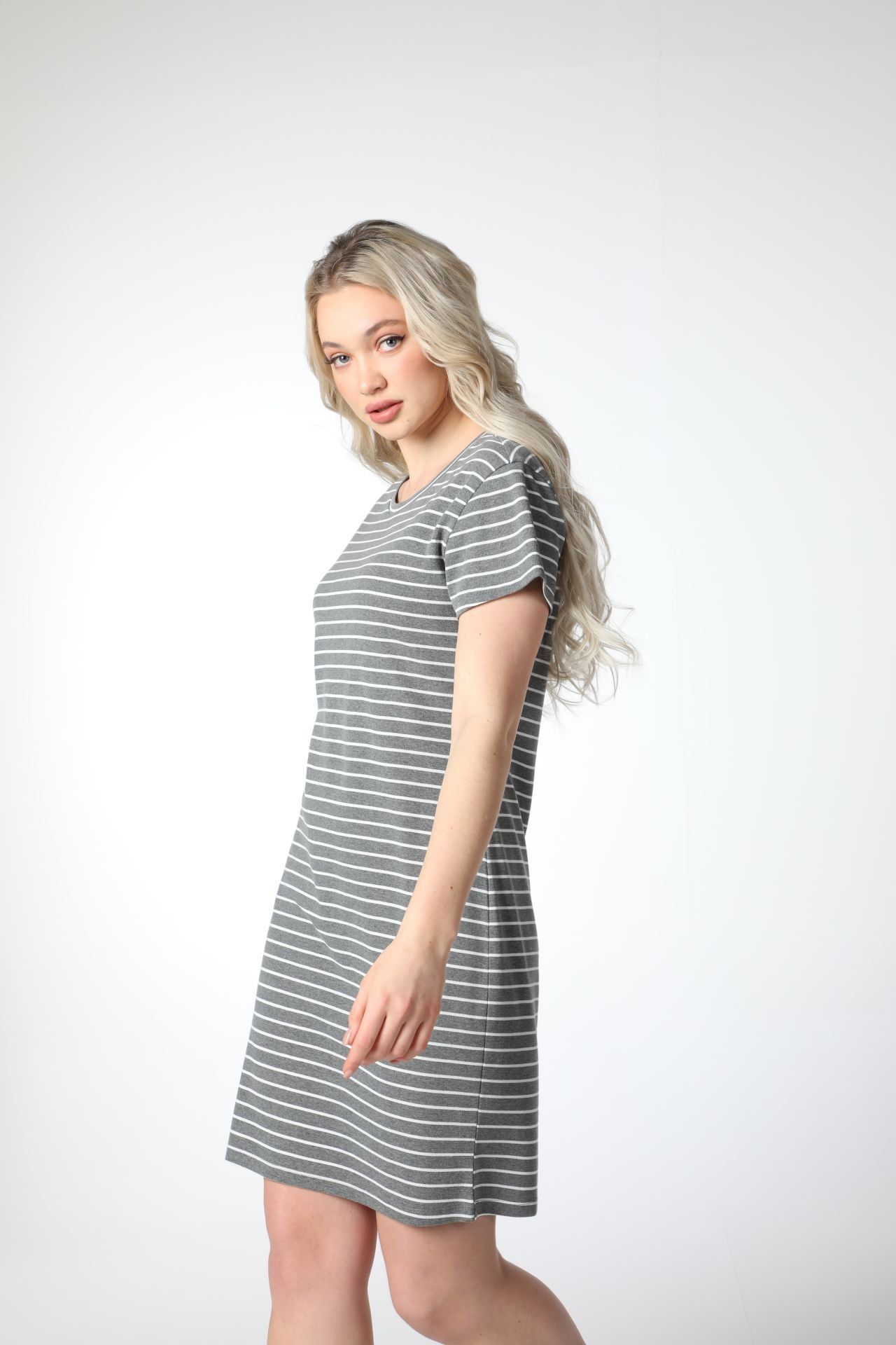 Kadın Regular Fit Çizgili Kısa Kollu Elbise - Koyu Gri