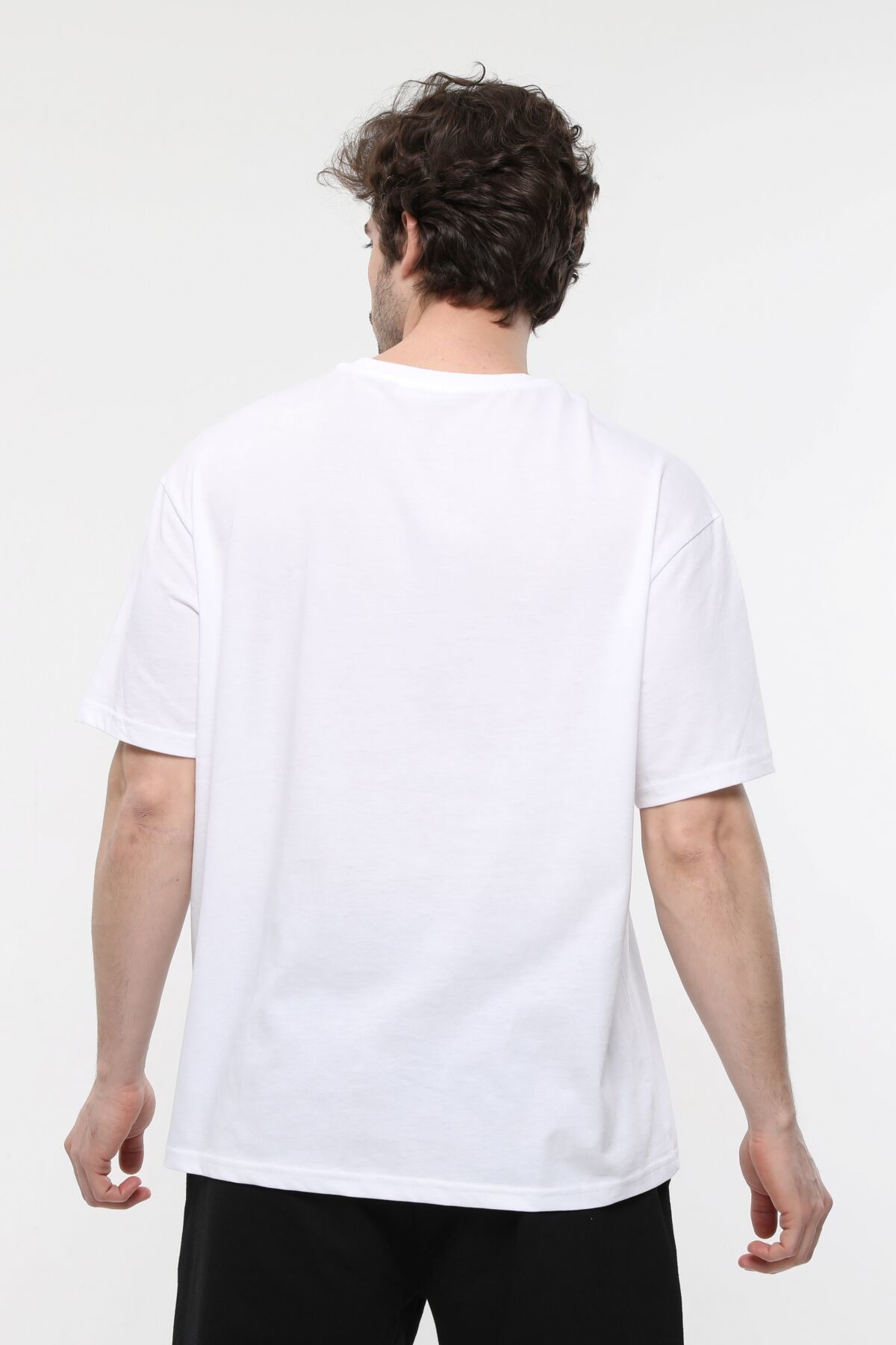 Erkek Bisiklet Yaka Kısa Kollu Oversize Fit Baskılı Tişört - Rent - Beyaz