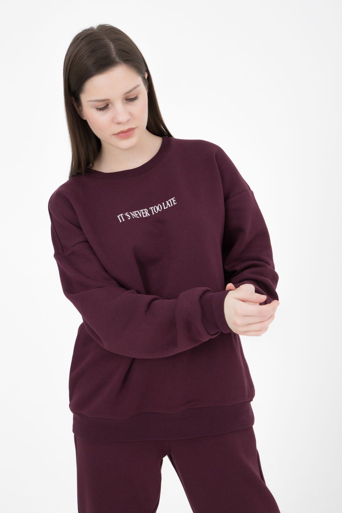 Kadın Bisiklet Yaka Regular Fit Baskılı Sweatshirt - Bordo