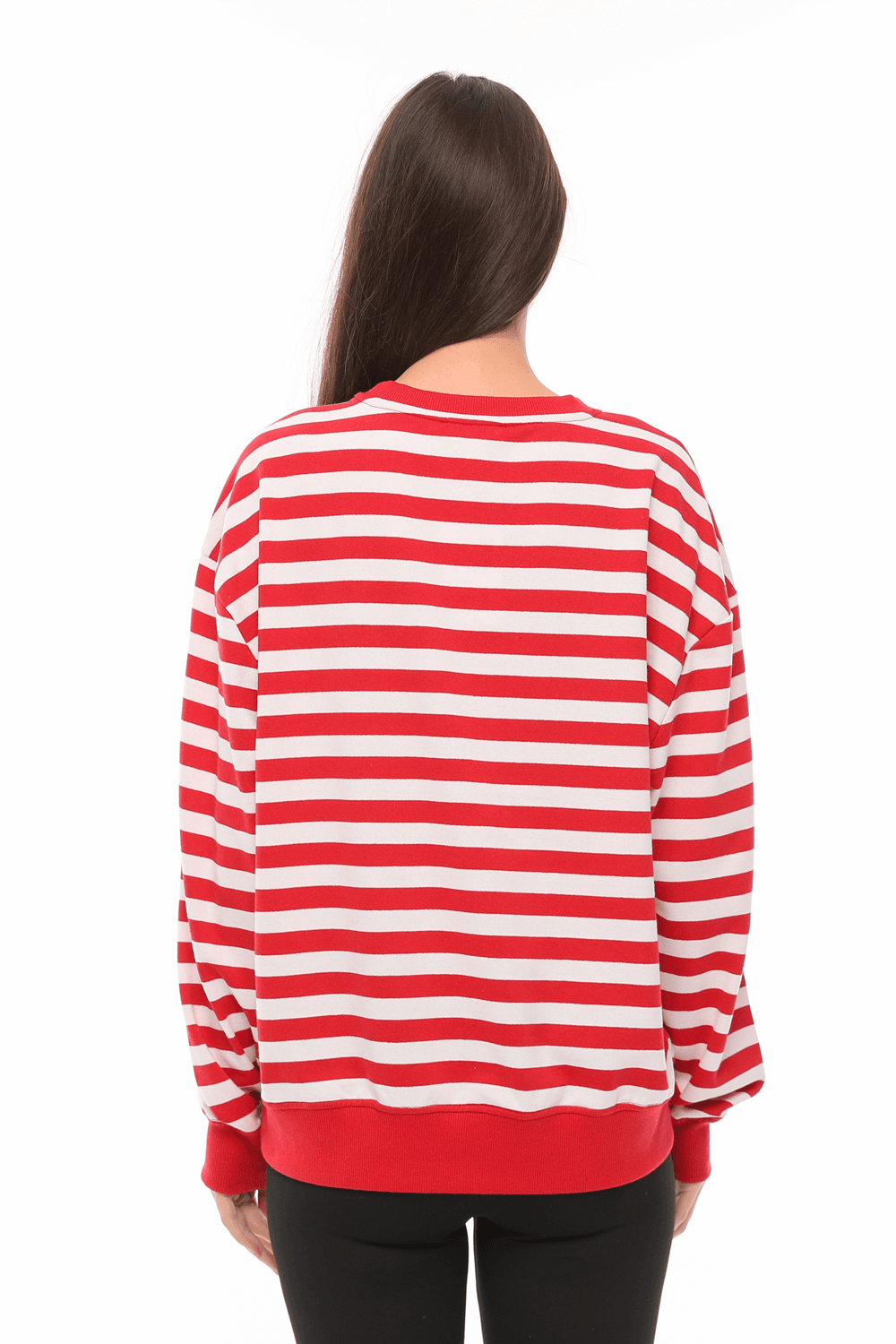 Kadın Bisiklet Yaka Oversize Fit Çizgili Sweatshirt - KIRMIZI-BEYAZ