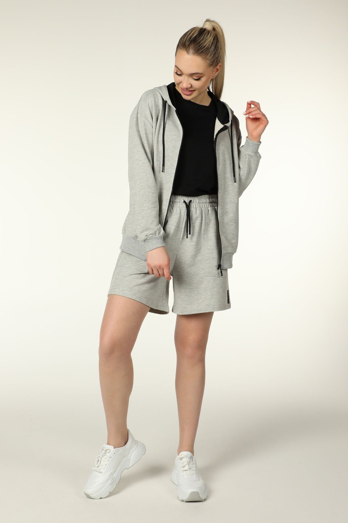 Kadın Kapüşonlu Fermuarlı Oversıze Sweatshırt - Gri Melanj