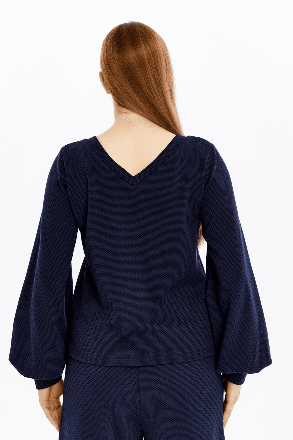 Kadın V Yaka Balon Kol Regular Fit Basic Bluz - LACİVERT