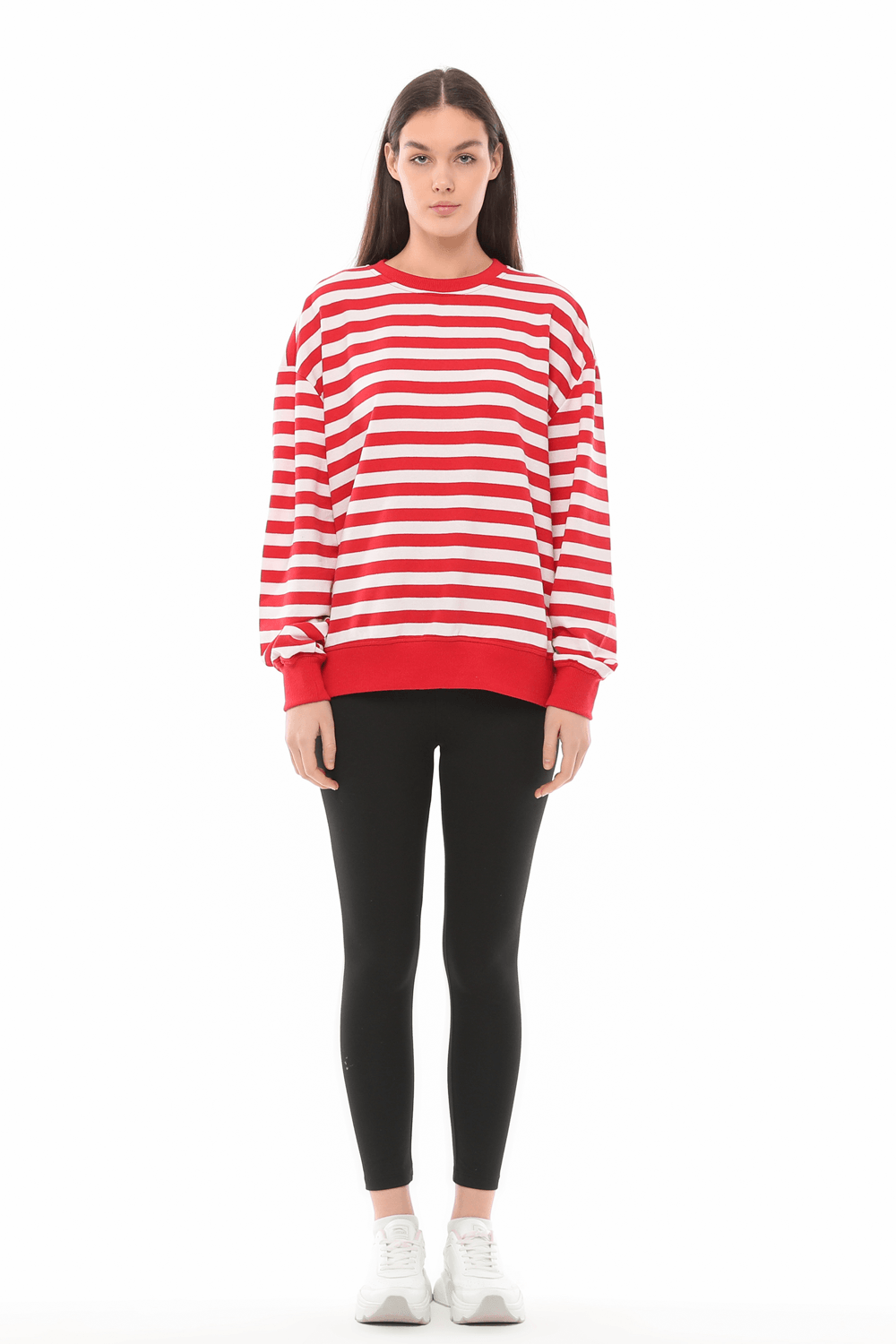 Kadın Bisiklet Yaka Oversize Fit Çizgili Sweatshirt - KIRMIZI-BEYAZ
