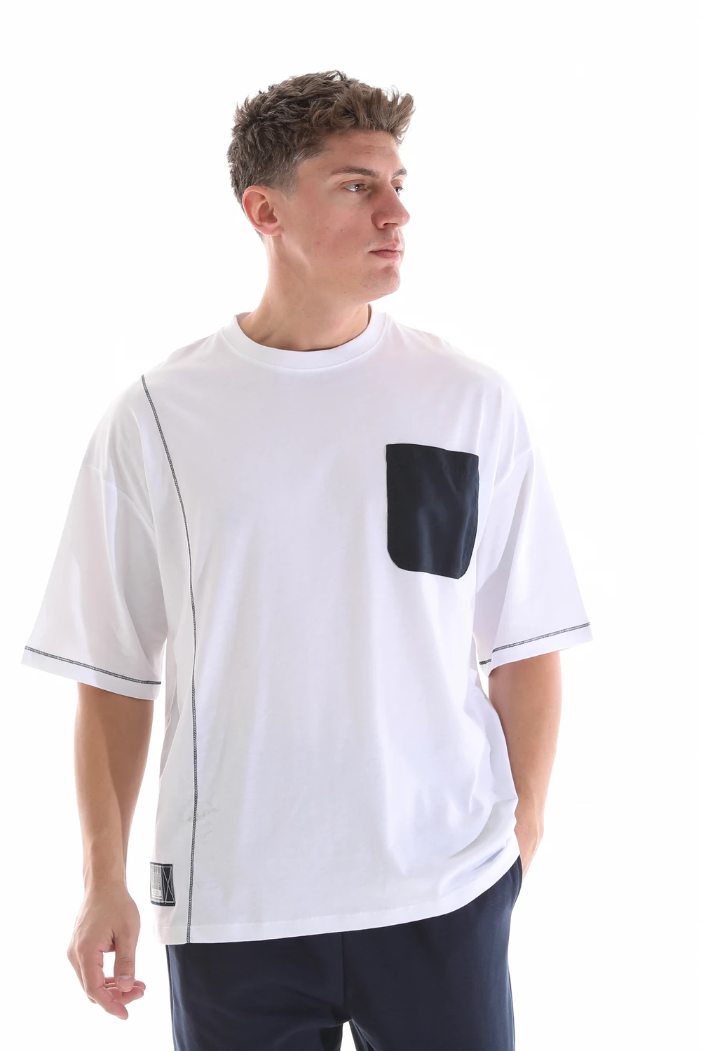 Erkek Bisiklet Yaka Kısa Kollu Oversize Fit Cep Detaylı Tişört