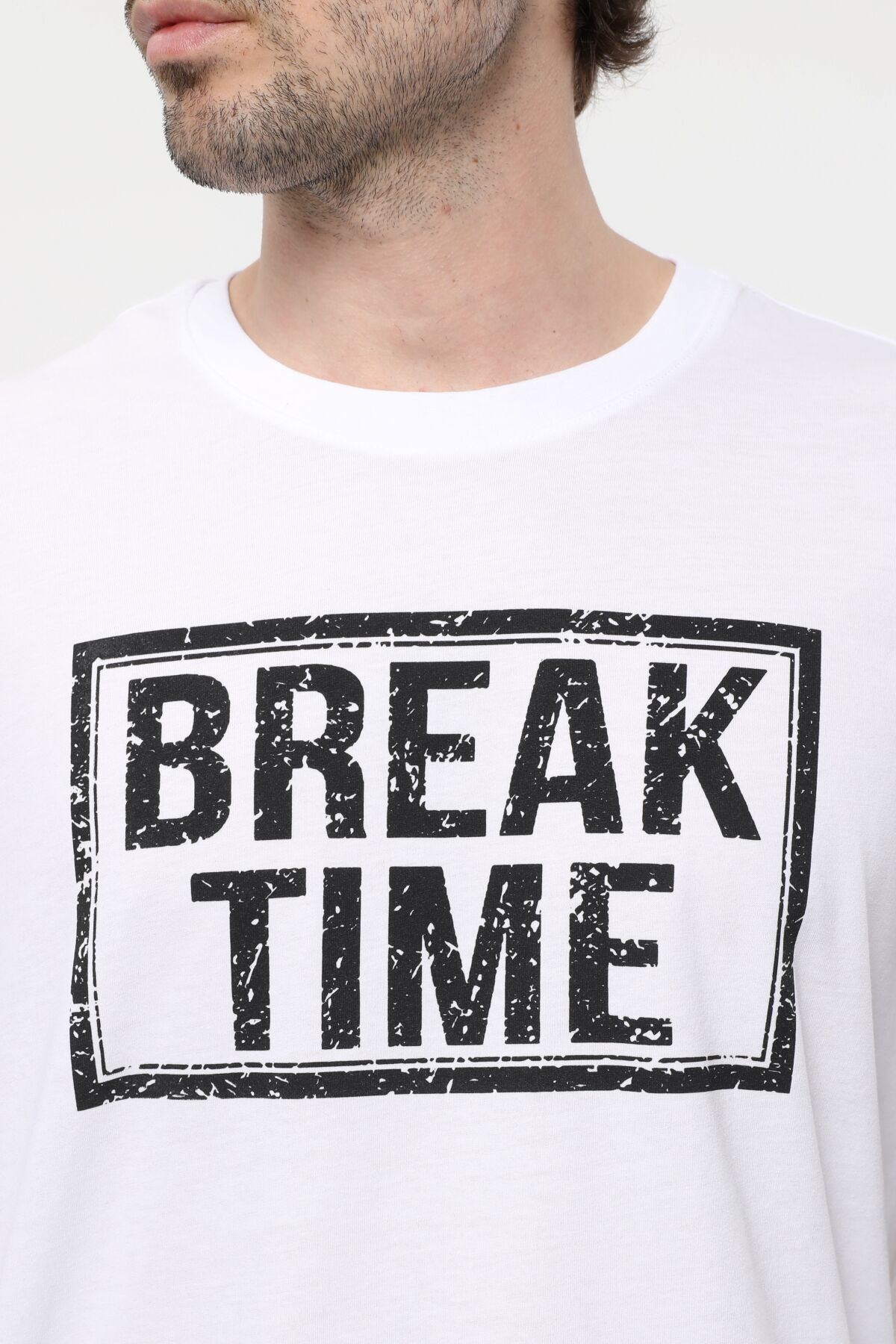 Erkek Bisiklet Yaka Kısa Kollu Oversize Fit Baskılı Tişört - Rent - Beyaz