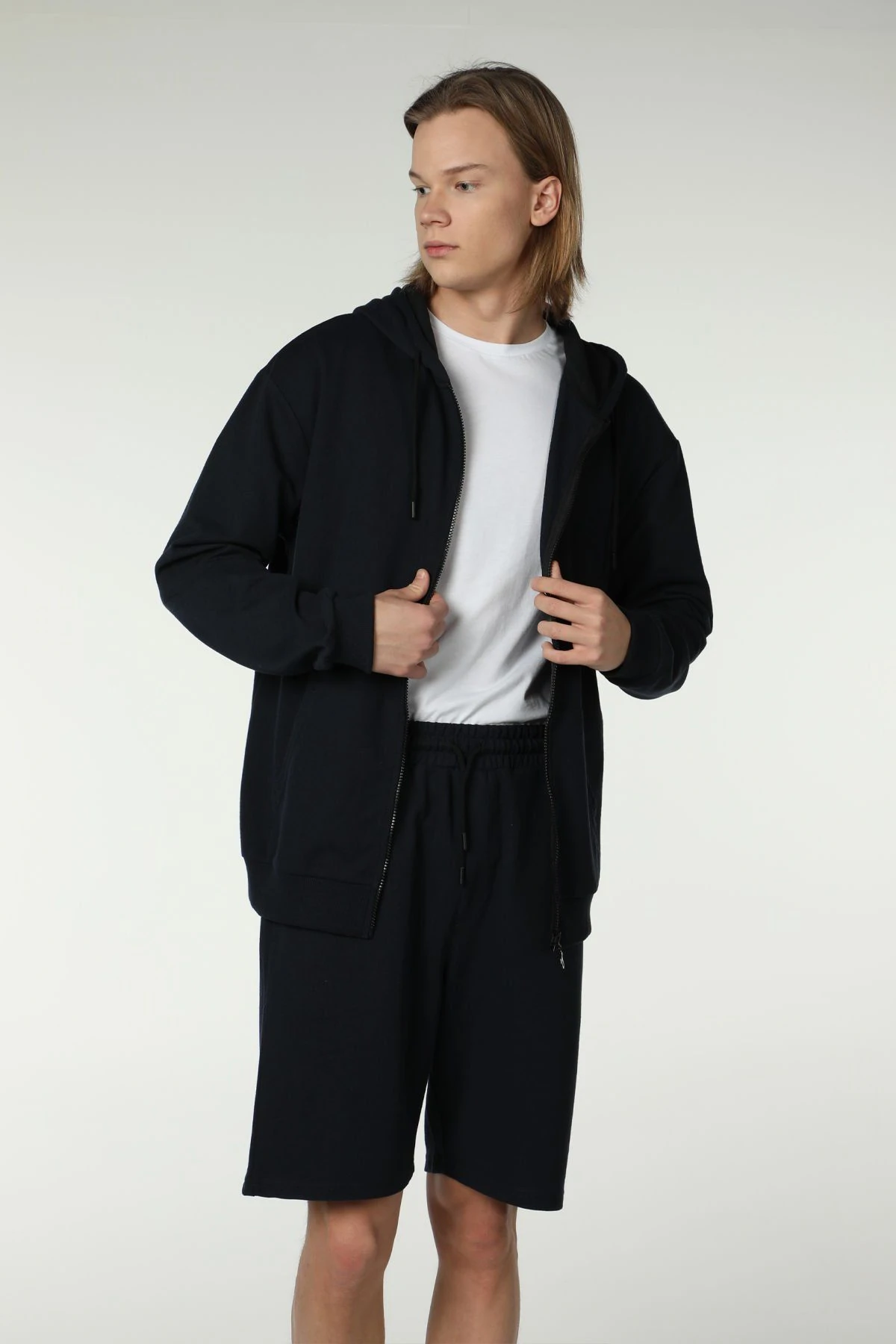 Erkek Kapüşonlu Fermuarlı Oversize Sweatshirt - Lacivert