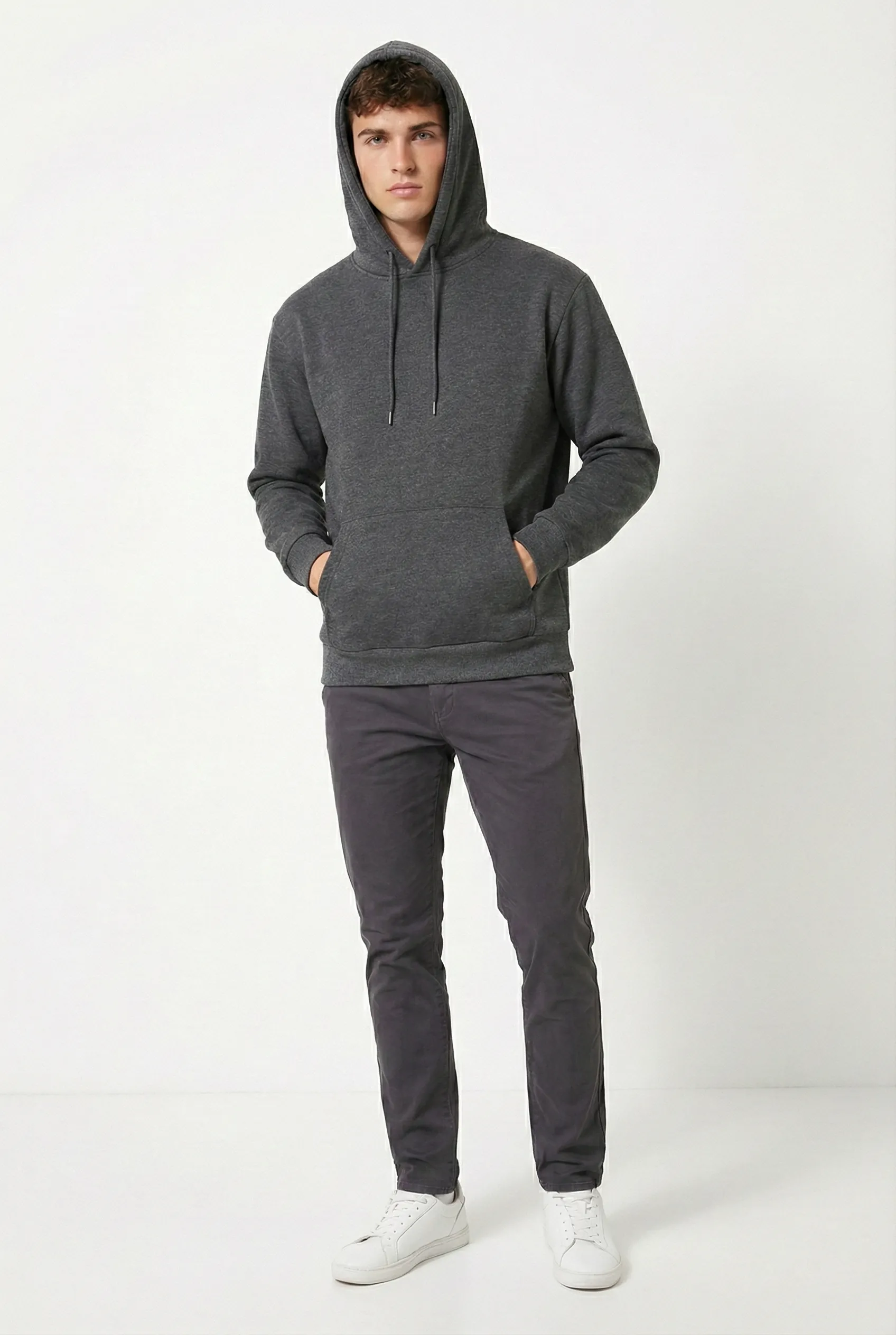 Erkek Kapüşonlu Şardonlu Regular fit Basic Sweatshirt - Antrasit