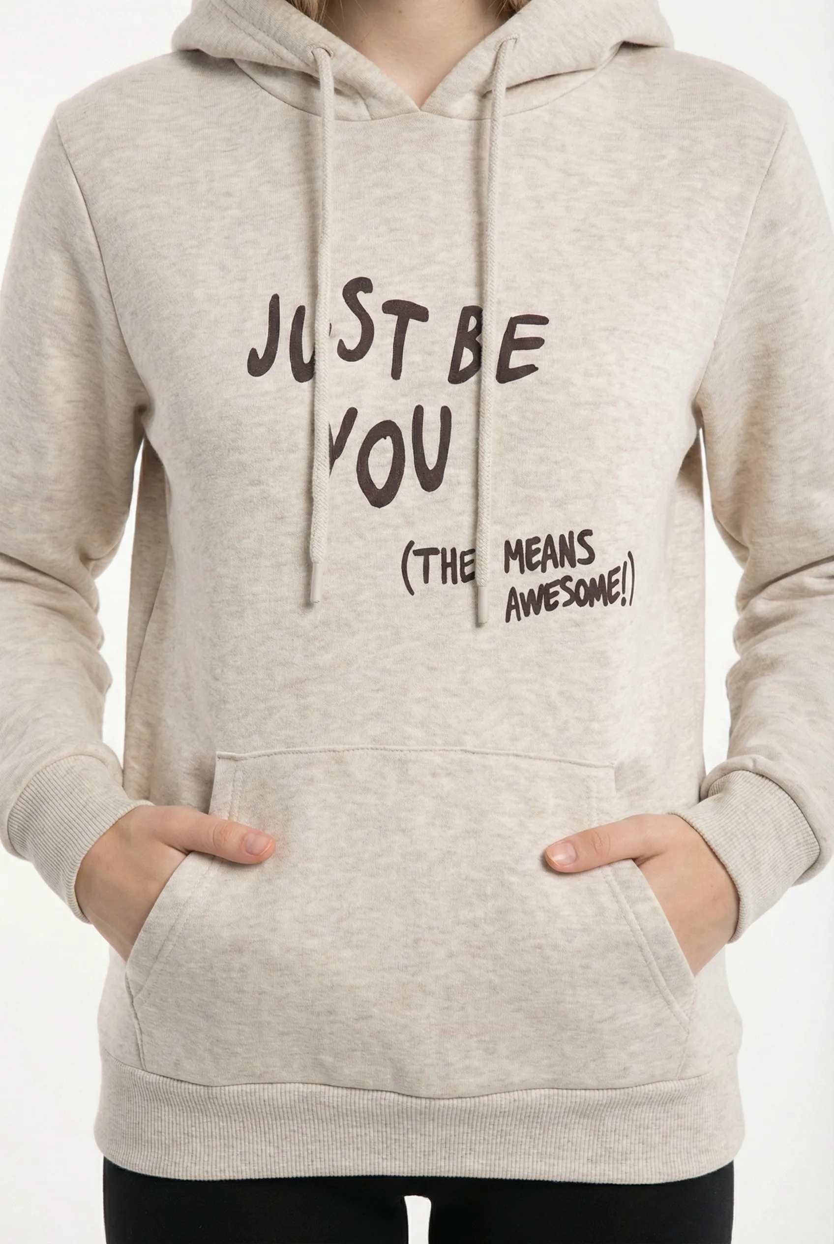 Kadın Kapüşonlu Regular Fit Şardonlu Baskılı Sweatshirt - Ekru