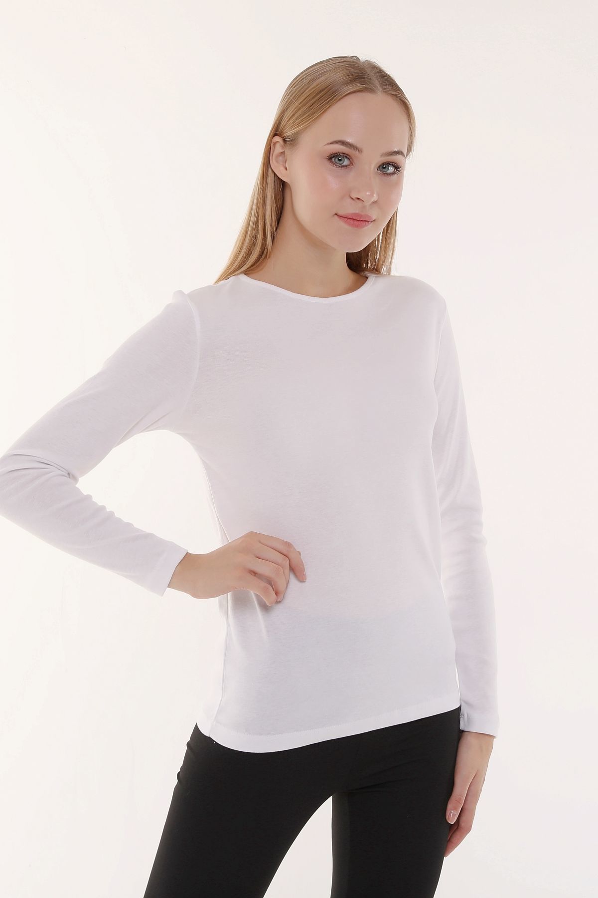 Kadın Bisiklet Yaka Uzun Kollu Regular Fit Basic Tişört - Beyaz