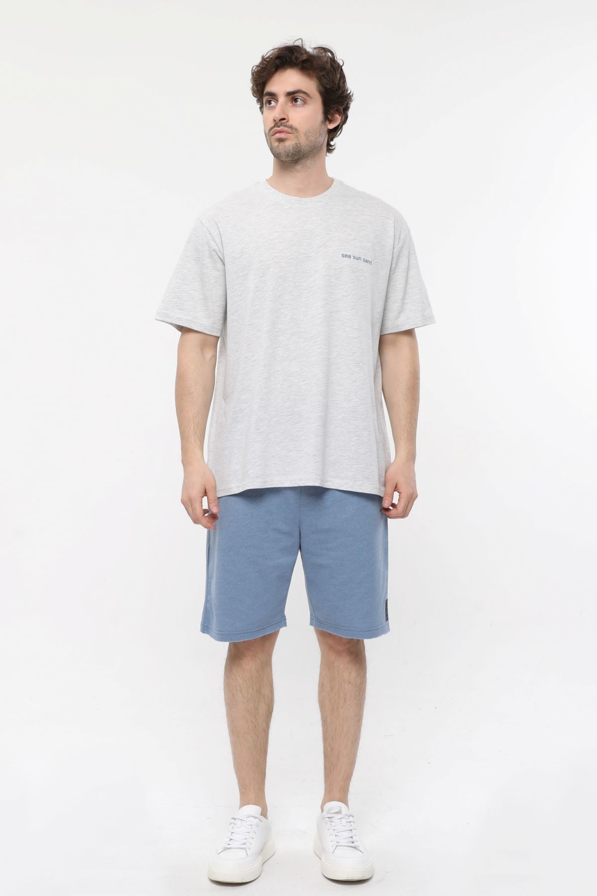 Erkek Bisiklet Yaka Kısa Kollu Oversize Fit Baskılı Tişört - Robin - Kar Melanj