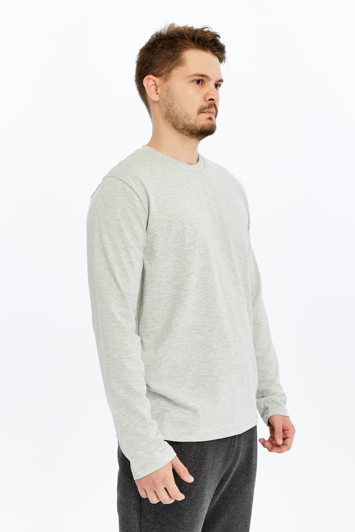 Erkek Bisiklet Yaka Uzun Kollu Regular Fit Basic Tişört - GRİ MELANJ