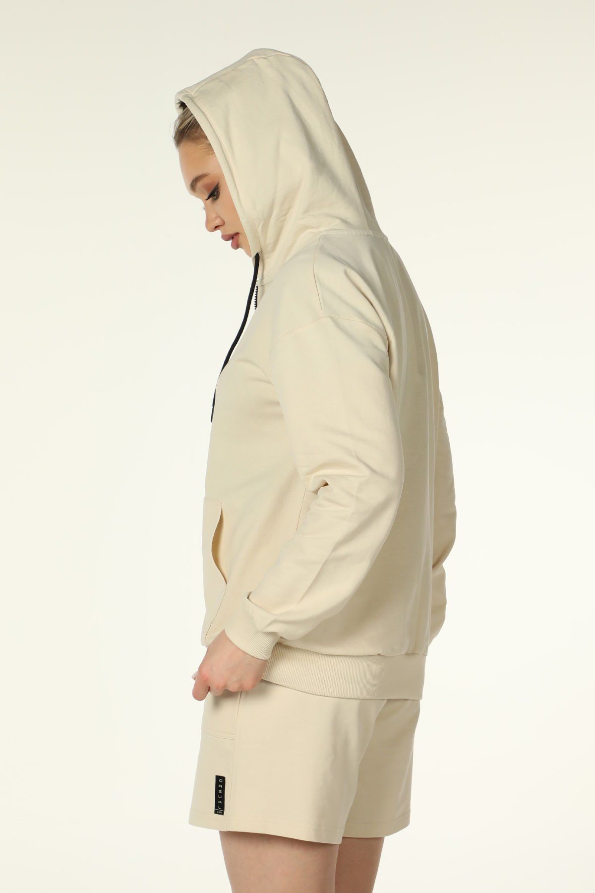 Kadın Kapüşonlu Fermuarlı Oversıze Sweatshırt - Bej Melanj