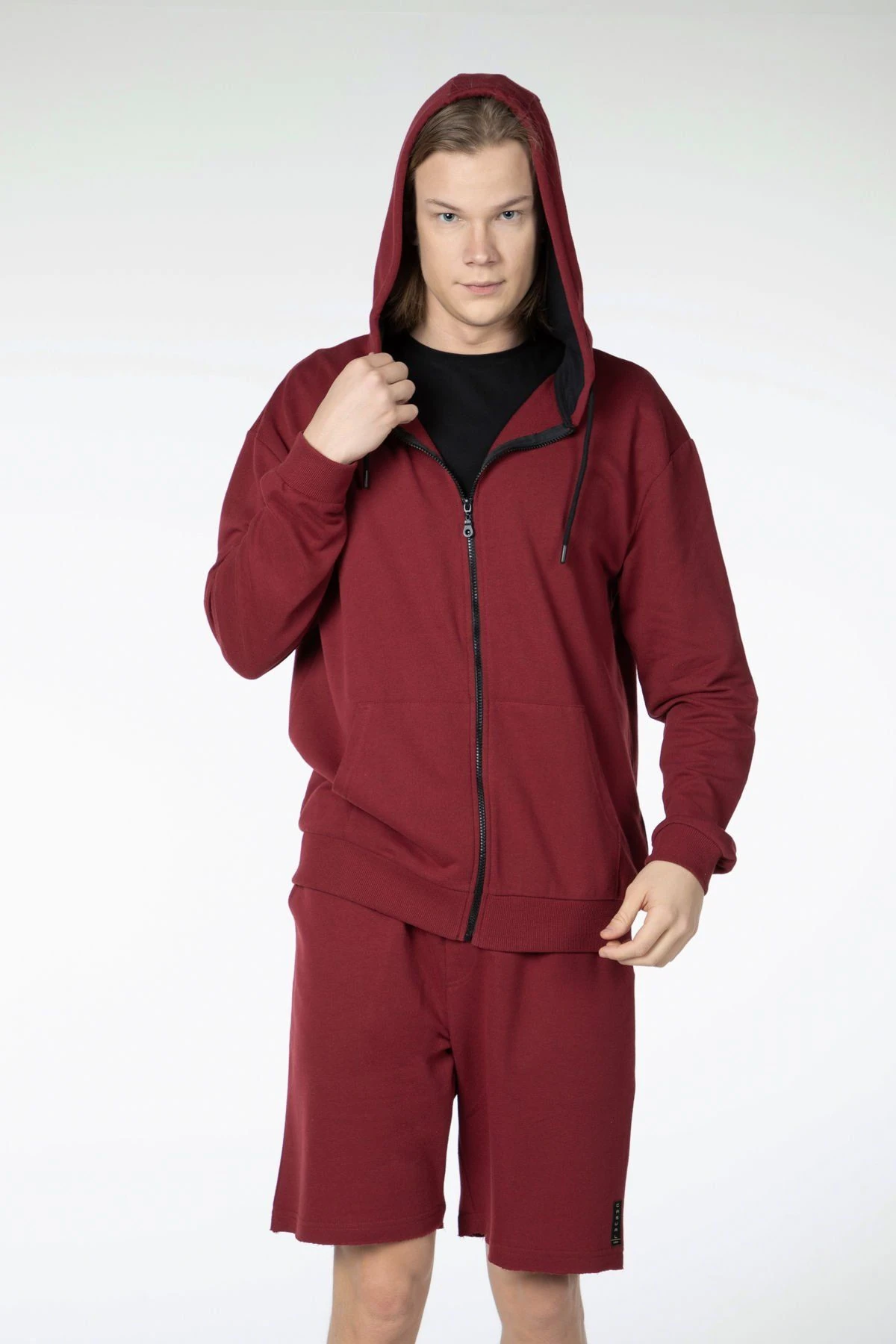 Erkek Kapüşonlu Fermuarlı Oversize Sweatshirt - Bordo