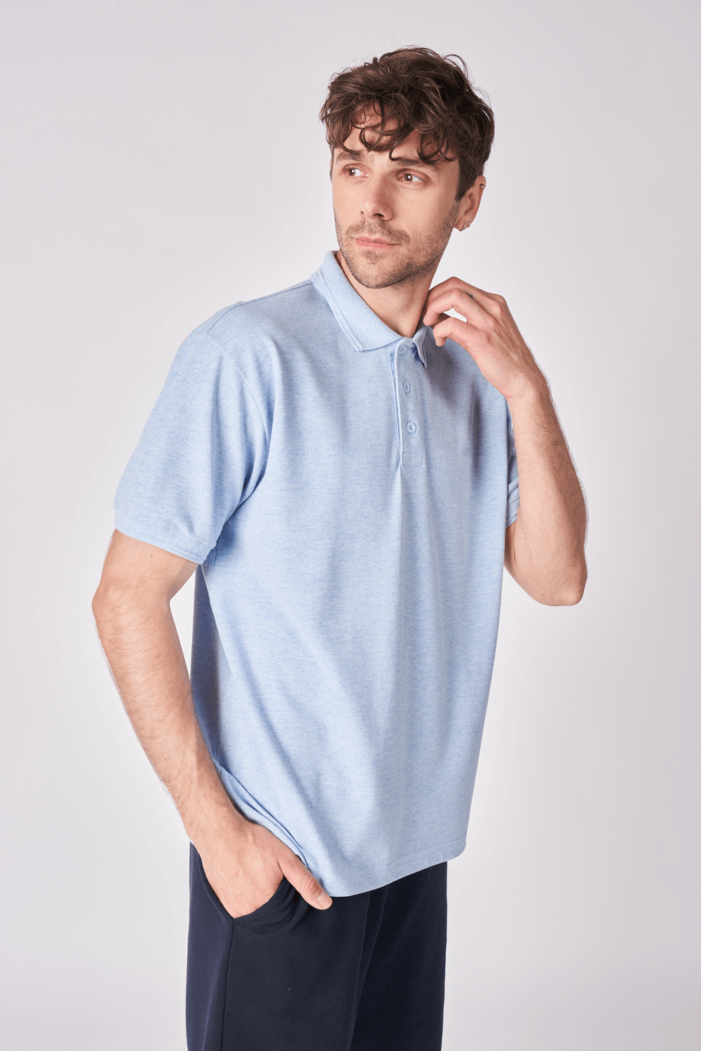 Erkek Polo Yaka Kısa Kollu Regular Fit Basic Tişört - Mavi Melanj