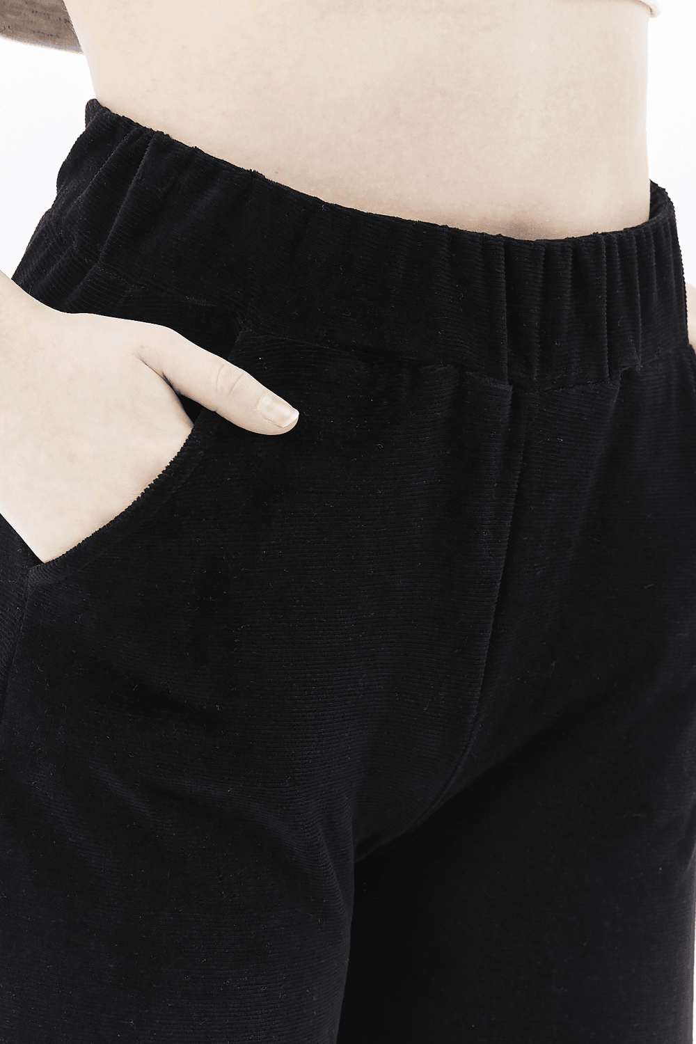 Kadın Bol Paça Cepli Kadife Oversize Fit Pantolon - SİYAH