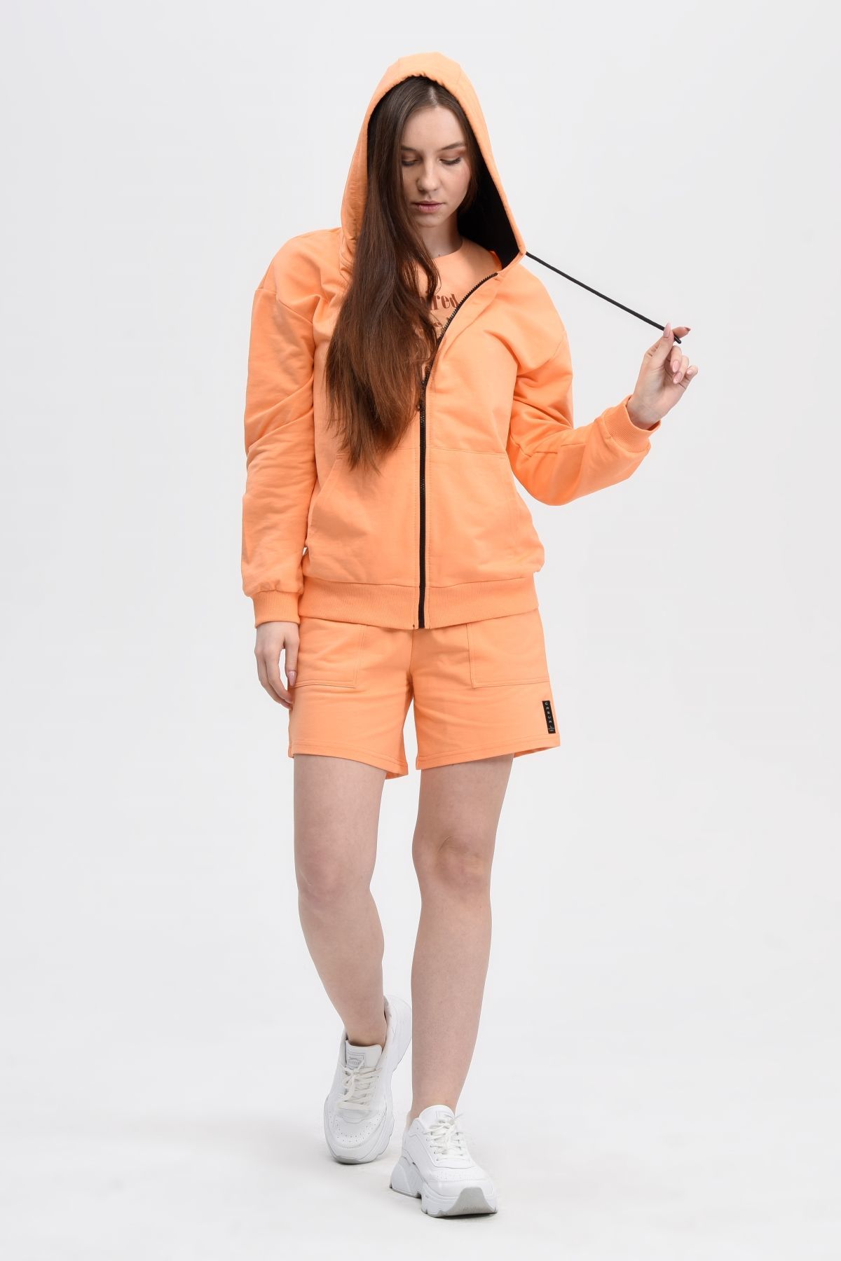 Kadın Kapüşonlu Fermuarlı Oversıze Sweatshırt - Oranj