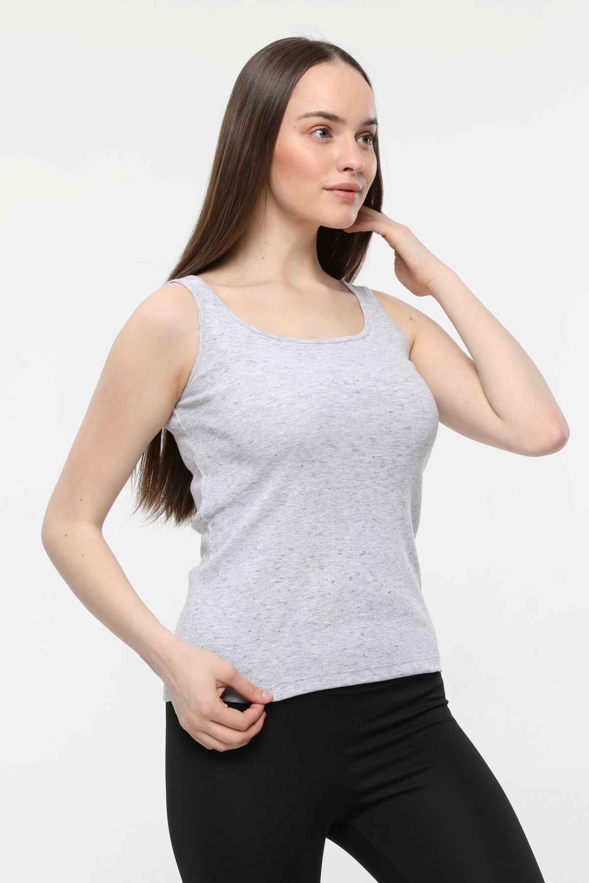 Kadın U Yaka Sıfır Kol Regular Fit Basic Geniş Askılı Tişört - KIRÇILLI MELANJ