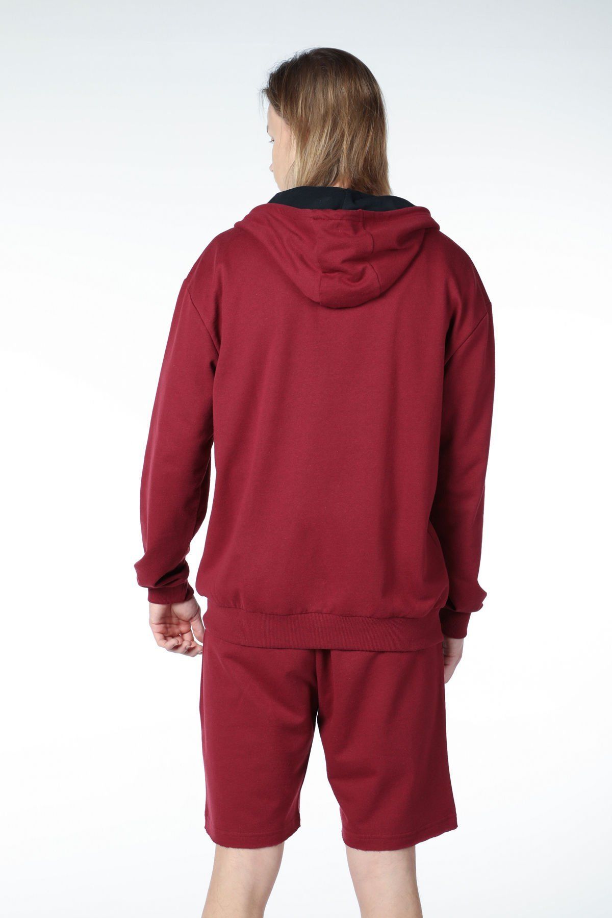 Erkek Kapüşonlu Fermuarlı Oversıze Sweatshırt - BORDO