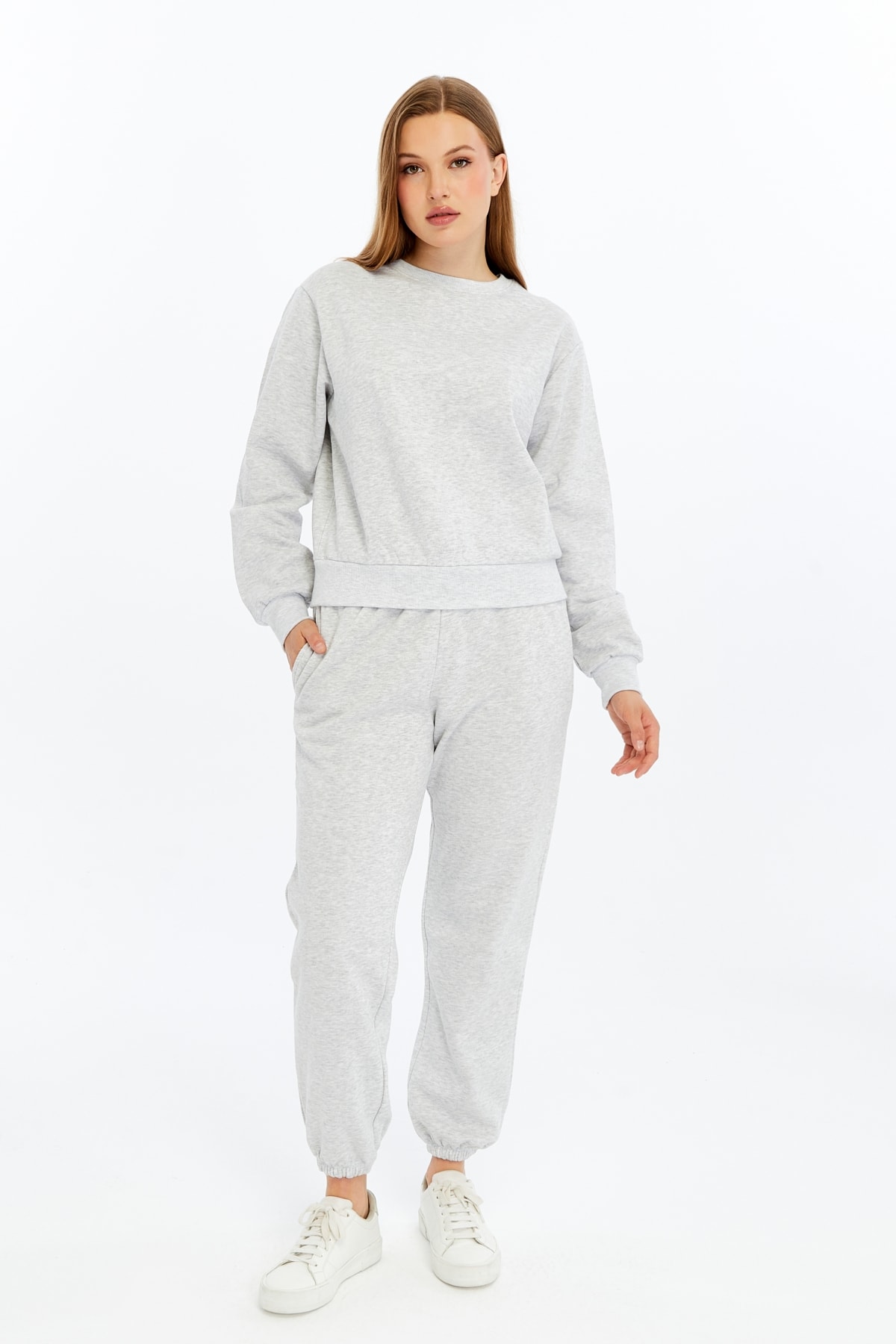 Kadın Bisiklet Yaka Regular Fit Basic Sweatshirt - Gri Melanj