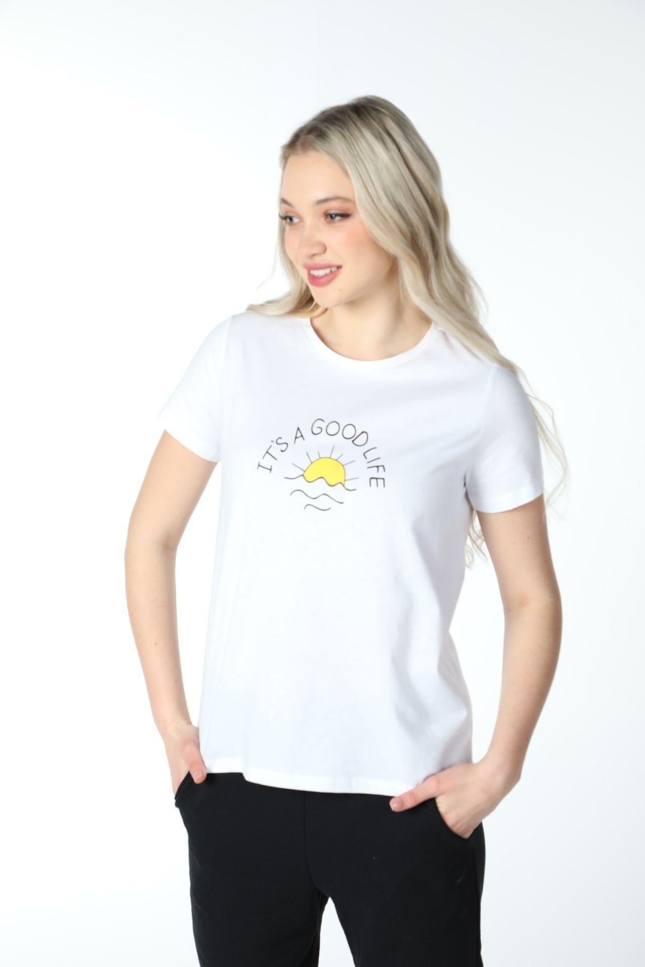 Kadın Bisiklet Yaka Kısa Kollu Regular Fit Baskılı Tişört - BEYAZ