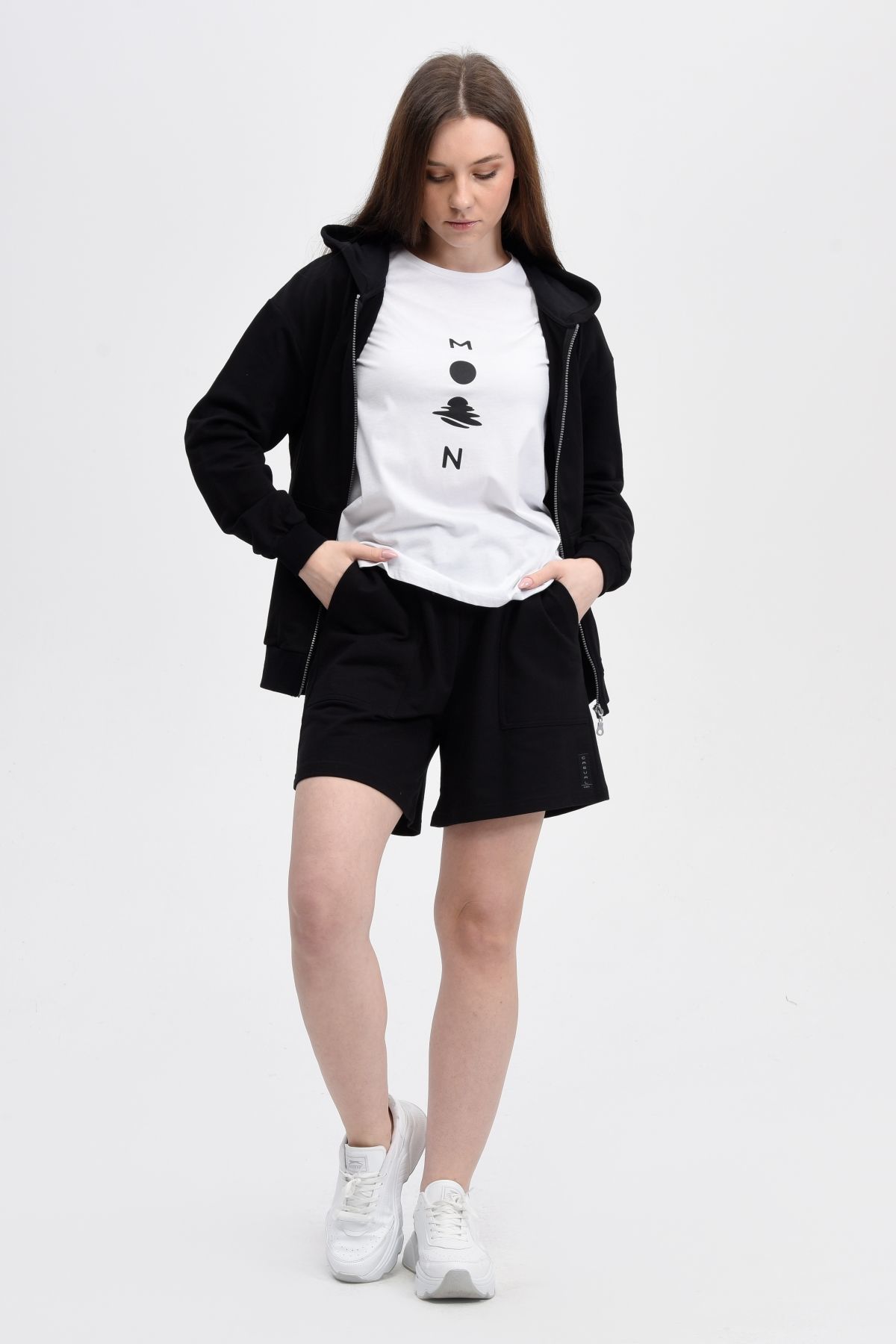 Kadın Kapüşonlu Fermuarlı Oversıze Sweatshırt - Siyah