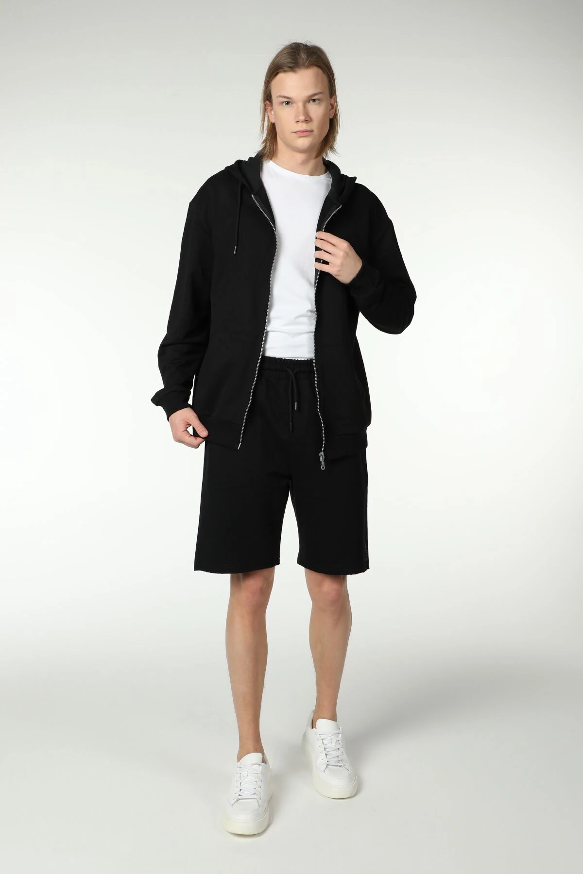 Erkek Kapüşonlu Fermuarlı Oversize Sweatshirt - Siyah