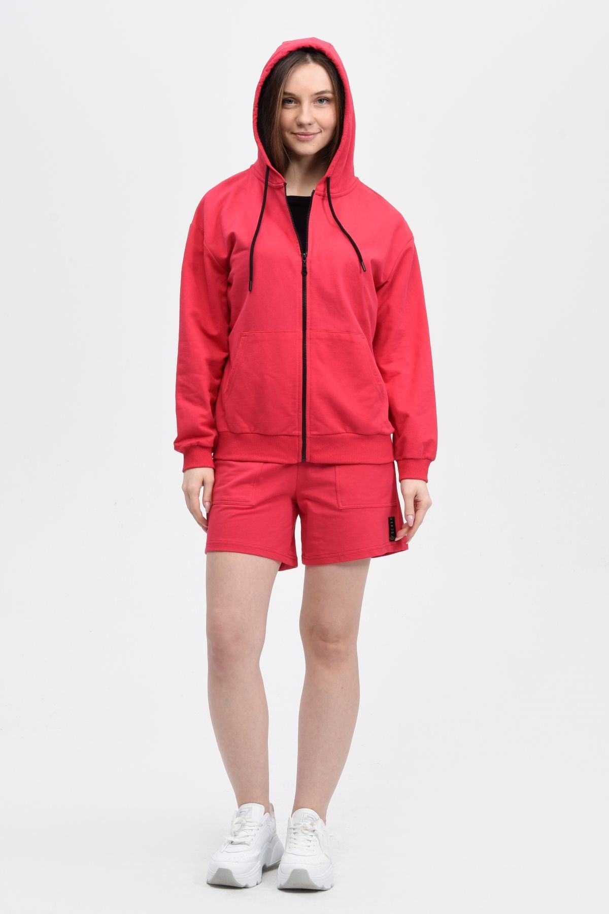 Kadın Kapüşonlu Fermuarlı Oversıze Sweatshırt - Fuşya