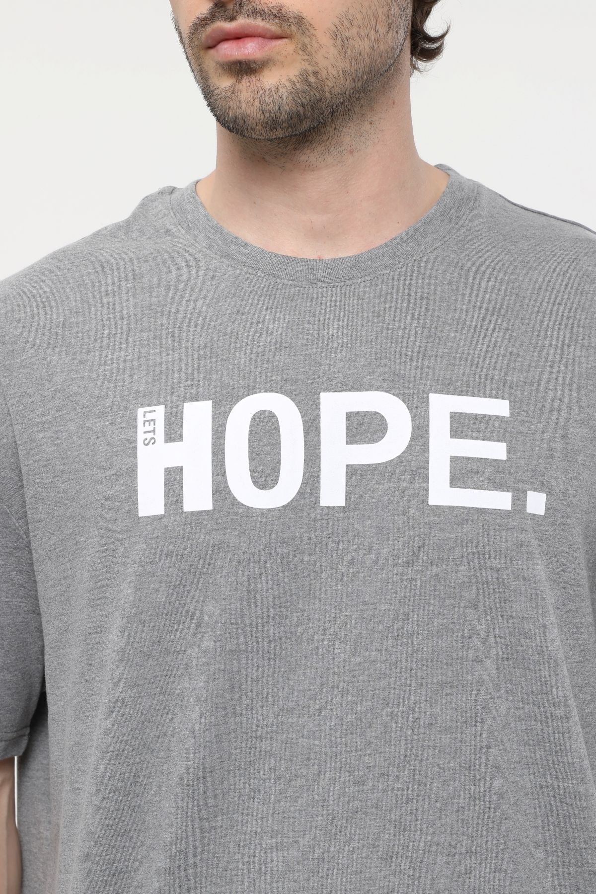 Erkek Bisiklet Yaka Kısa Kollu Oversize Fit Baskılı Tişört - Ragen - Antrasit Melanj