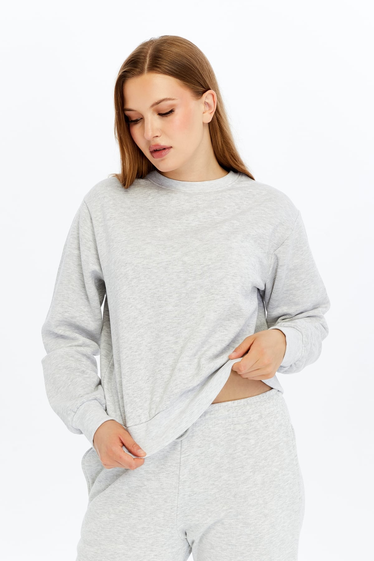 Kadın Bisiklet Yaka Regular Fit Basic Sweatshirt - Gri Melanj