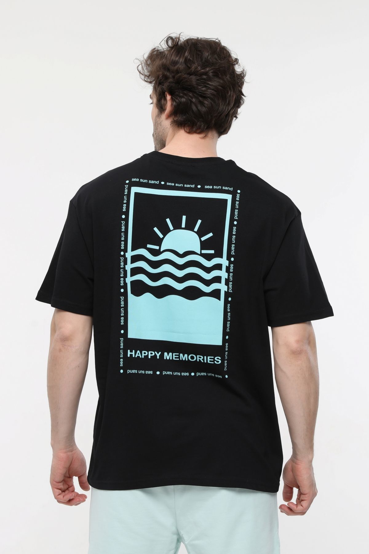 Erkek Bisiklet Yaka Kısa Kollu Oversize Fit Baskılı Tişört - Robin - Siyah