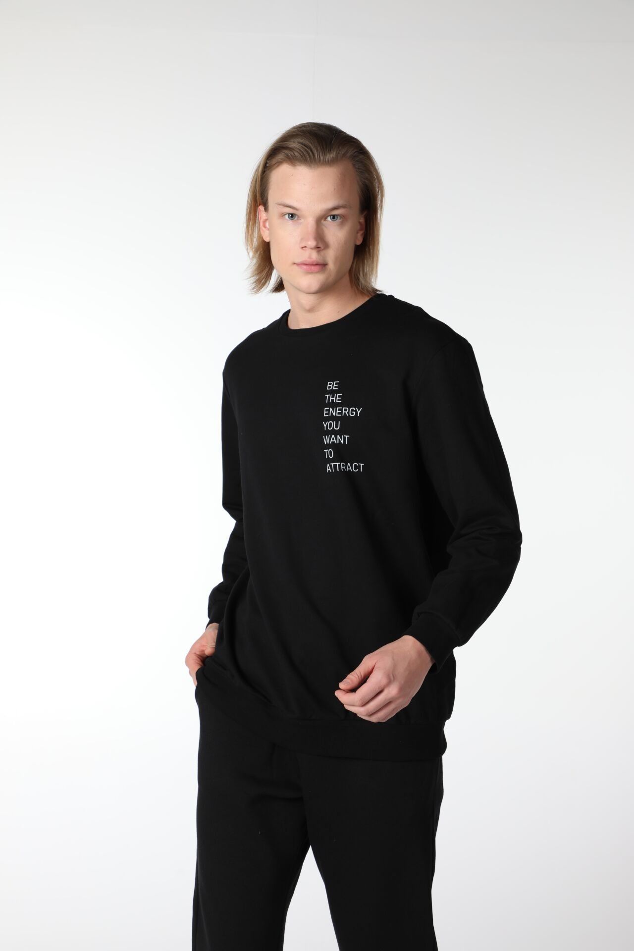 Erkek Bisiklet Yaka Regular Fit Baskılı Sweatshirt Siyah - Siyah