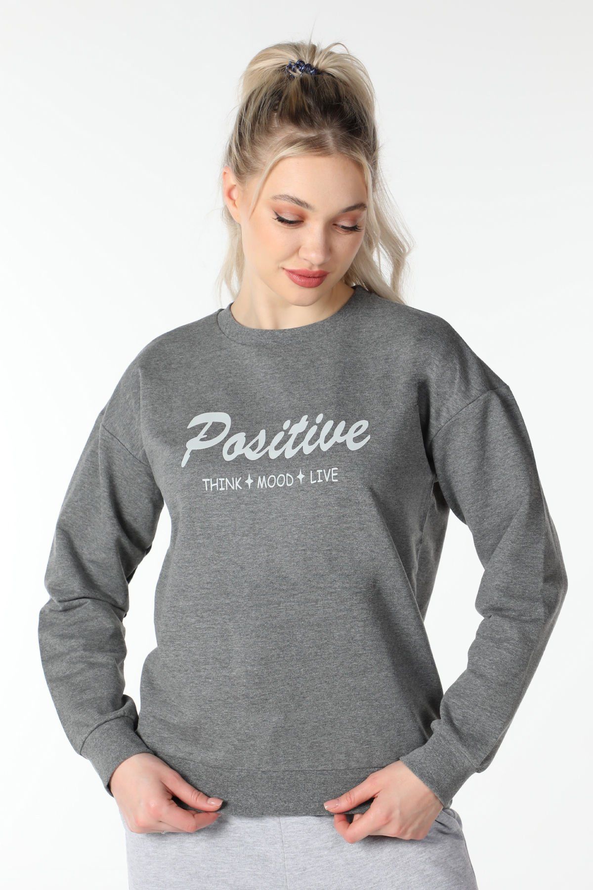 Kadın Bisiklet Yaka Regular Fit Baskılı Sweatshirt - Koyu Gri