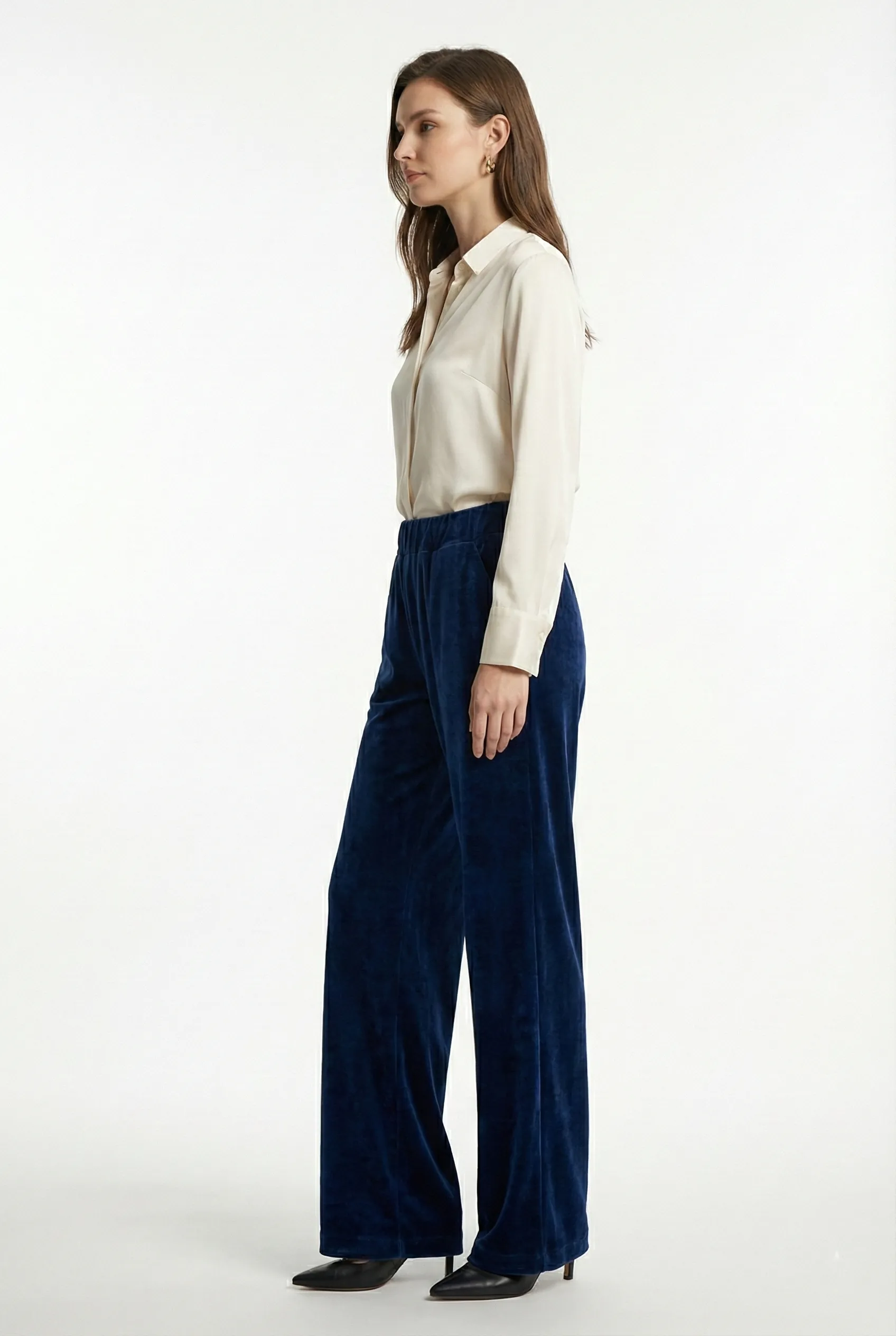 Kadın Bol Paça Cepli Kadife Oversize Fit Pantolon - Lacivert