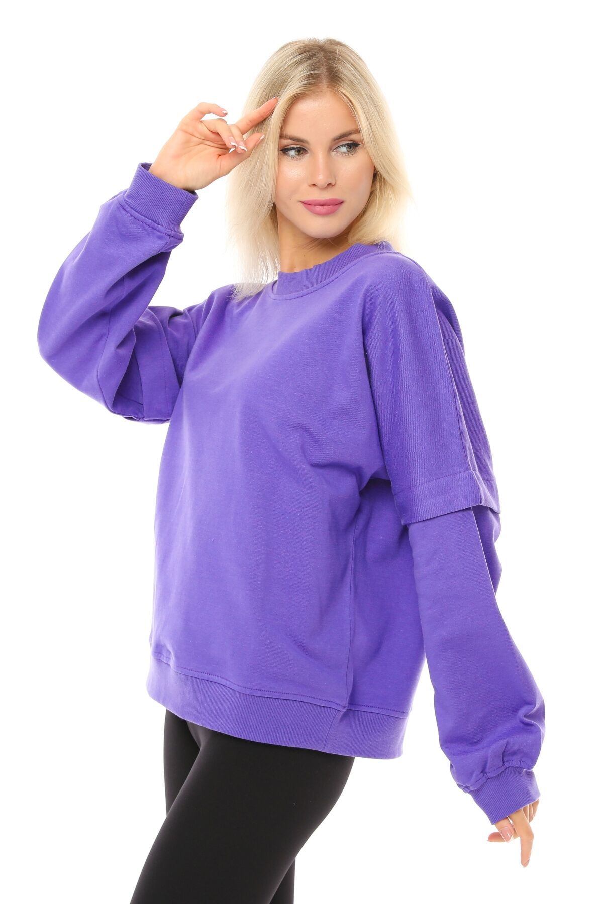 Kadın Bisiklet Yaka Kol Detaylı Oversize Fit Basic Sweatshirt - Mor