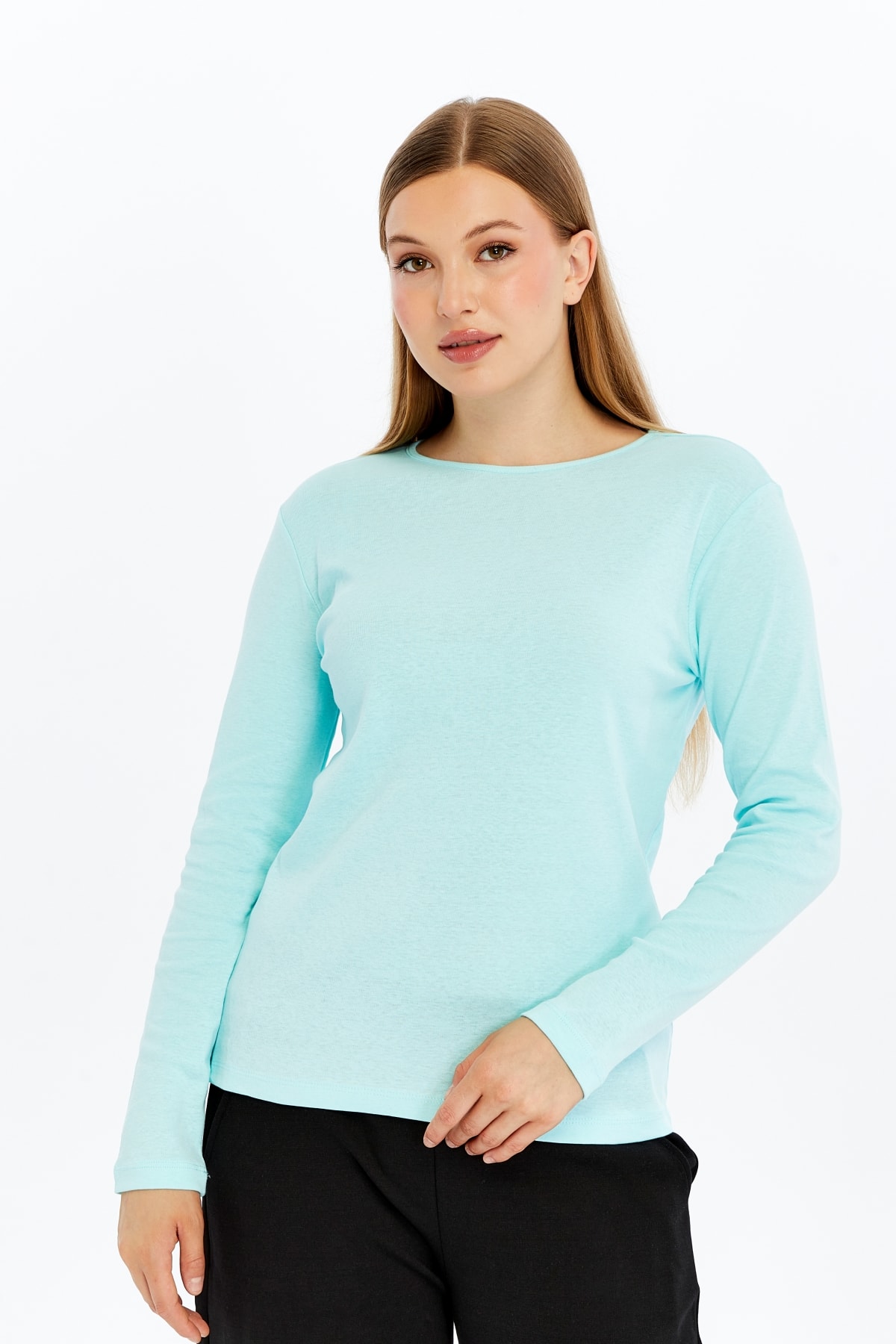 Kadın Bisiklet Yaka Uzun Kollu Regular Fit Basic Tişört - Turkuaz
