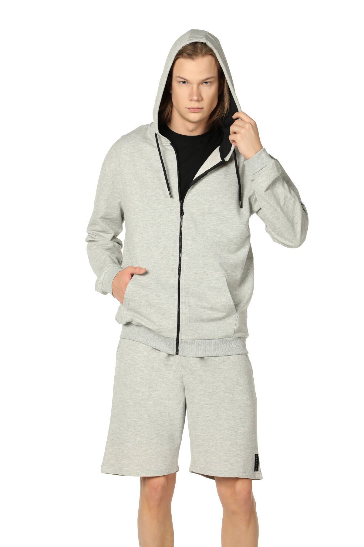 Erkek Kapüşonlu Fermuarlı Oversıze Sweatshırt - Gri Melanj