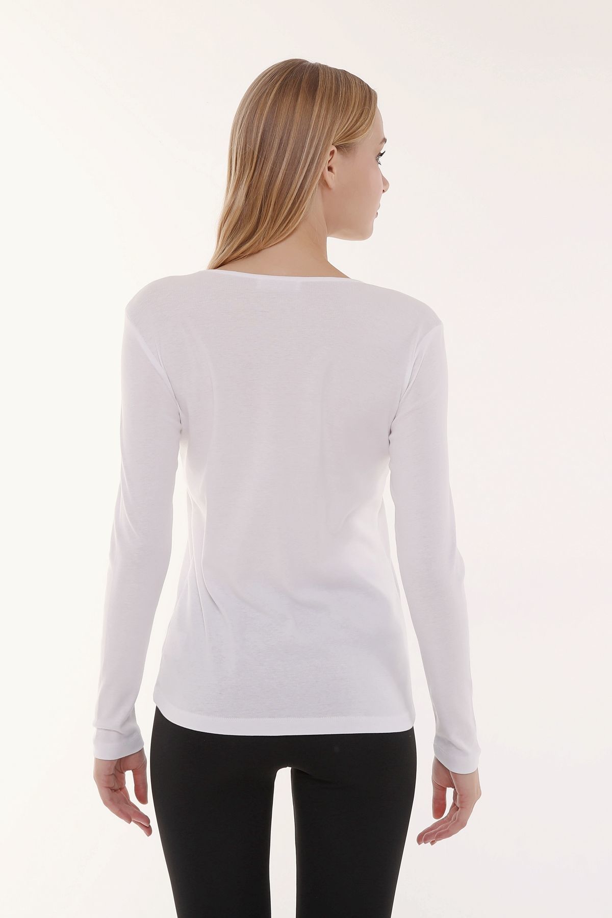 Kadın Bisiklet Yaka Uzun Kollu Regular Fit Basic Tişört - Beyaz