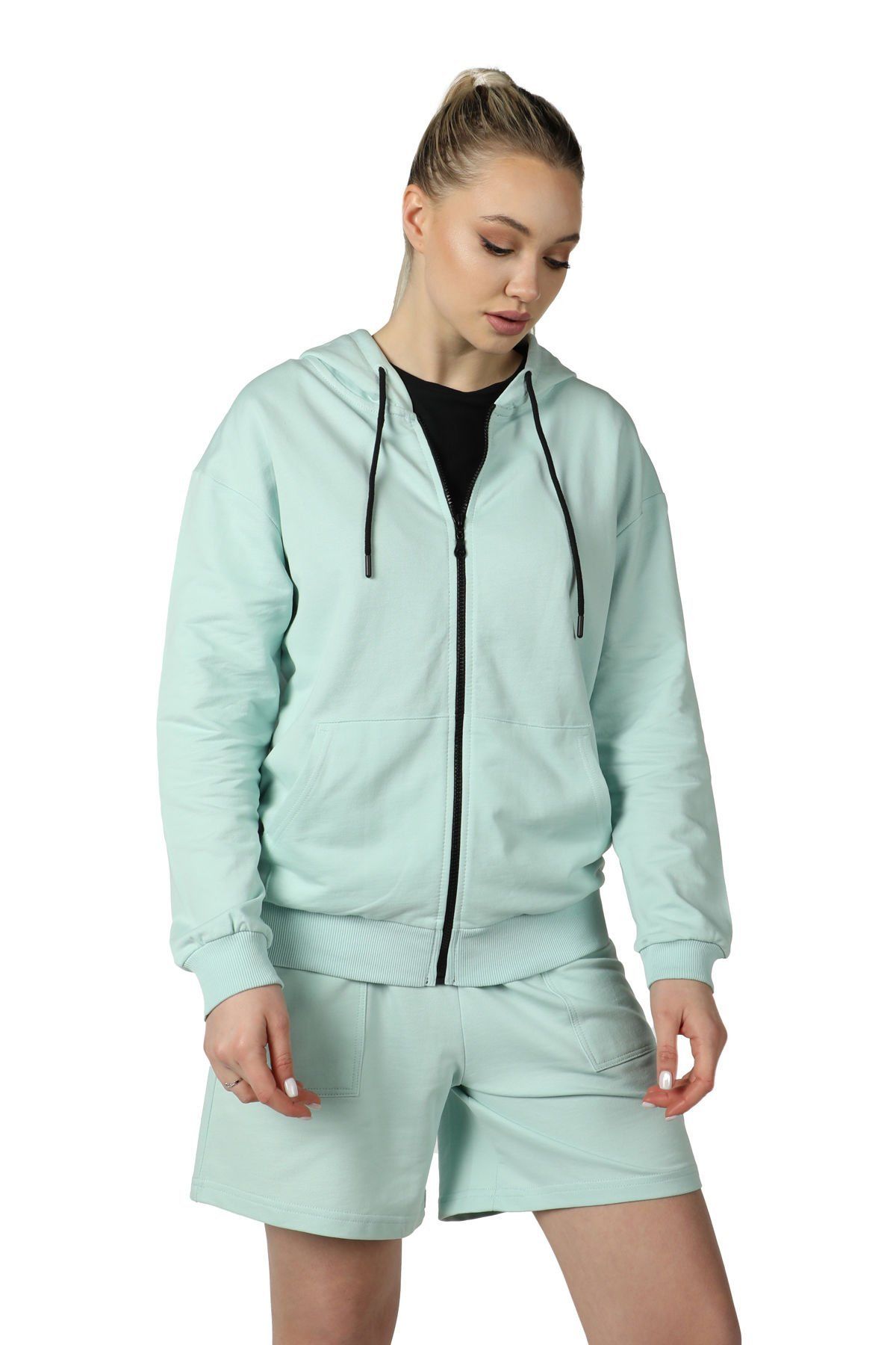 Kadın Kapüşonlu Fermuarlı Oversıze Sweatshırt - Su Yeşili
