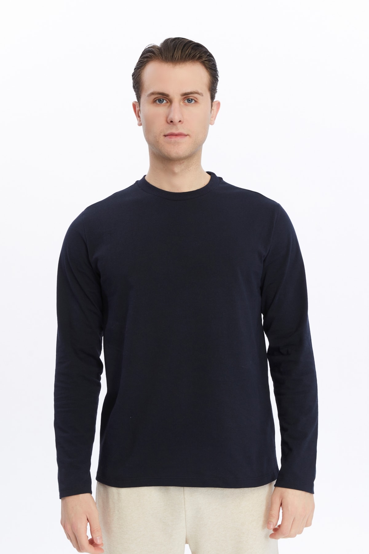 Erkek Bisiklet Yaka Uzun Kollu Regular Fit Basic Tişört - Lacivert