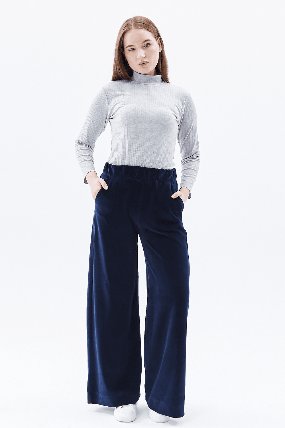 Kadın Bol Paça Cepli Kadife Oversize Fit Pantolon - LACİVERT