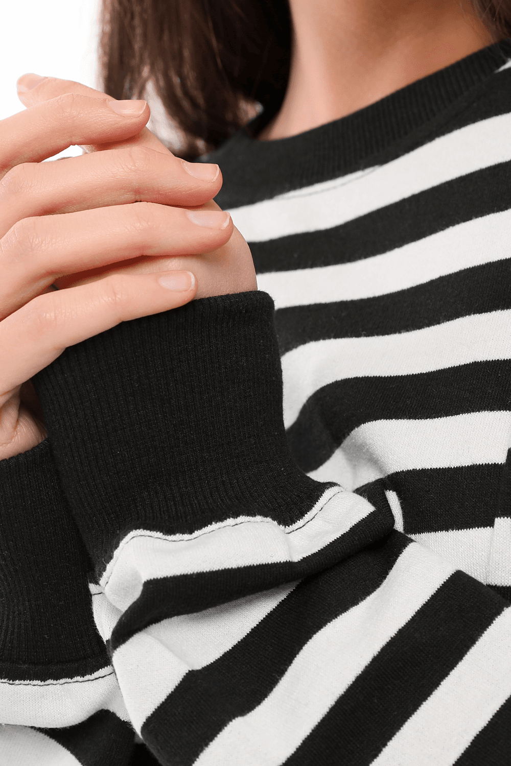 Kadın Bisiklet Yaka Oversize Fit Çizgili Sweatshirt - SİYAH-BEYAZ