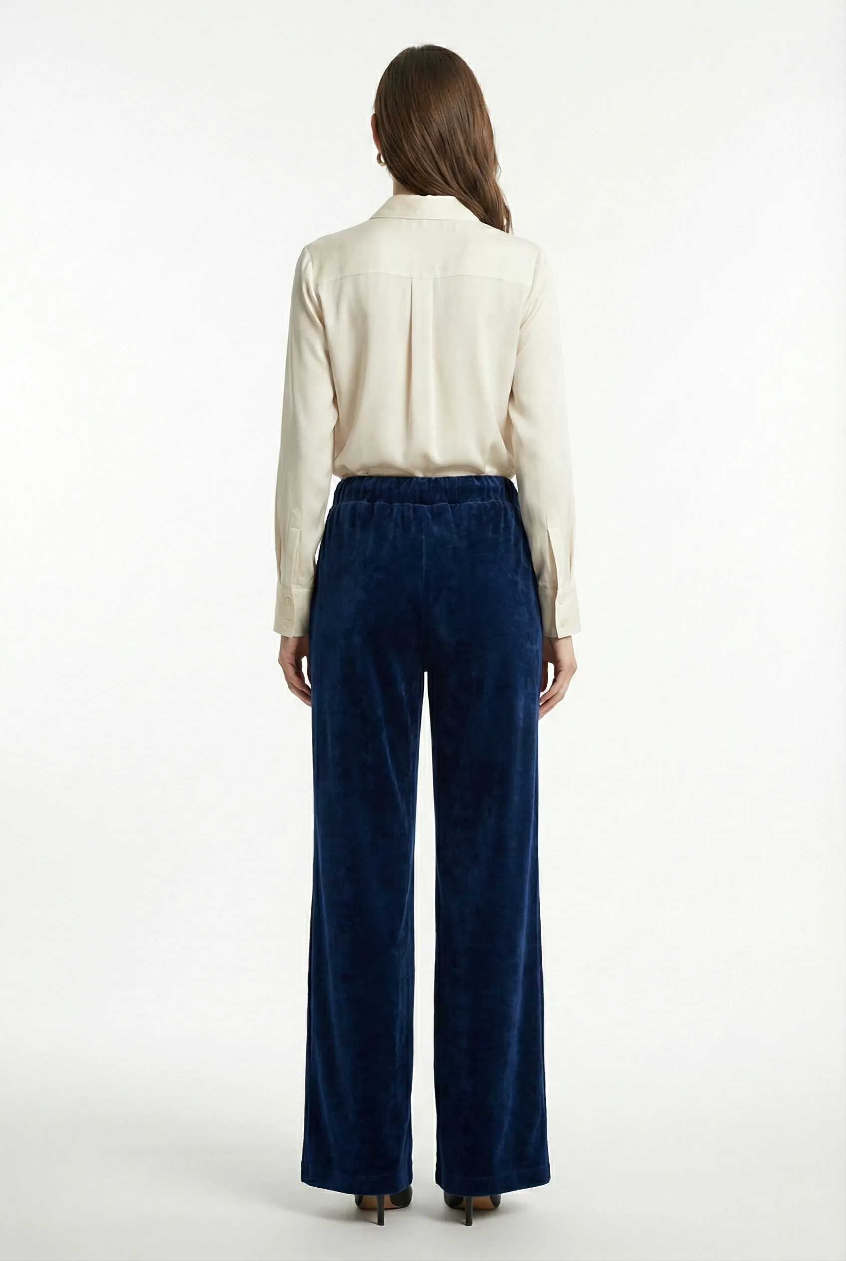 Kadın Bol Paça Cepli Kadife Oversize Fit Pantolon - Lacivert