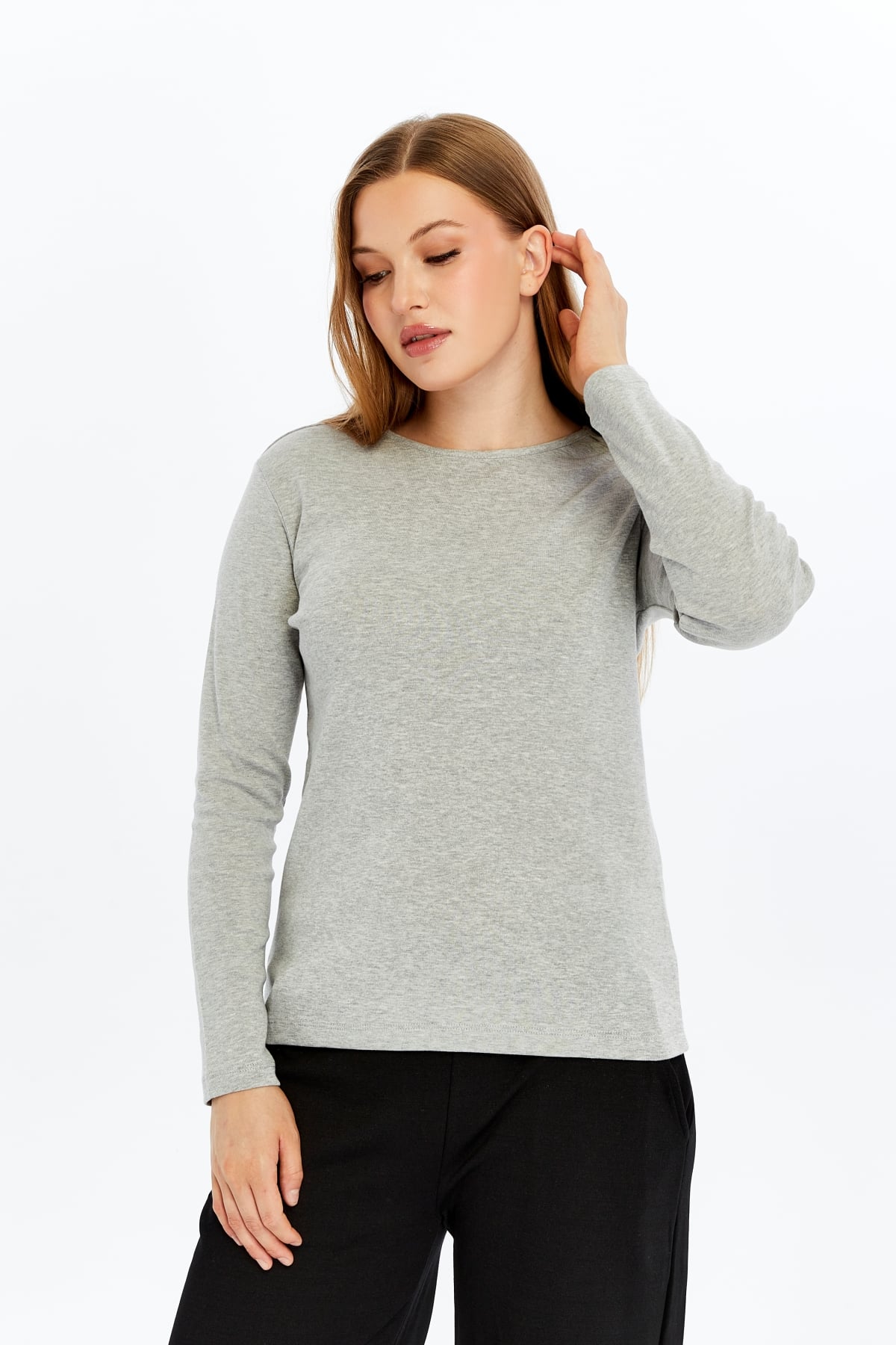 Kadın Bisiklet Yaka Uzun Kollu Regular Fit Basic Tişört - GRİ MELANJ