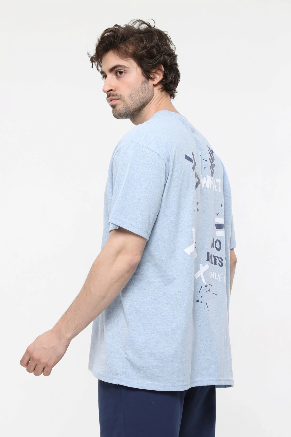 Erkek Bisiklet Yaka Kısa Kollu Oversize Fit Baskılı Tişört - Rufus - Mavi Melanj